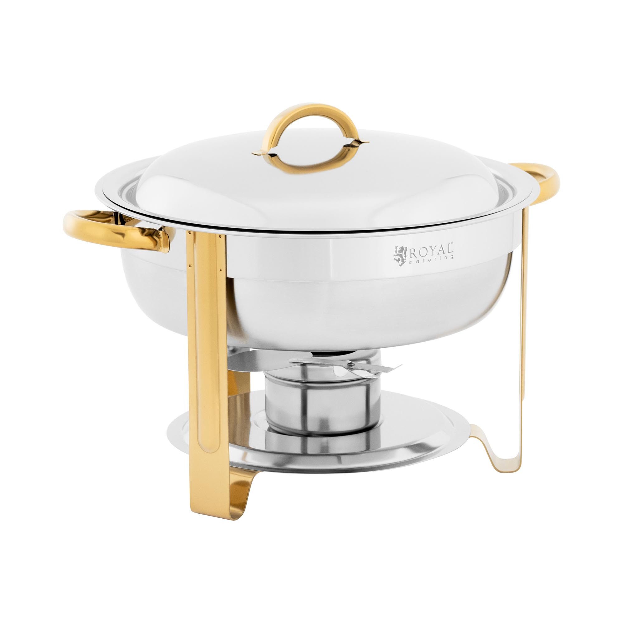 Royal Catering Speisenwärmer Chafing Dish rund Goldakzente 4,5 L 1 Brennstoffzelle Füße klappbar