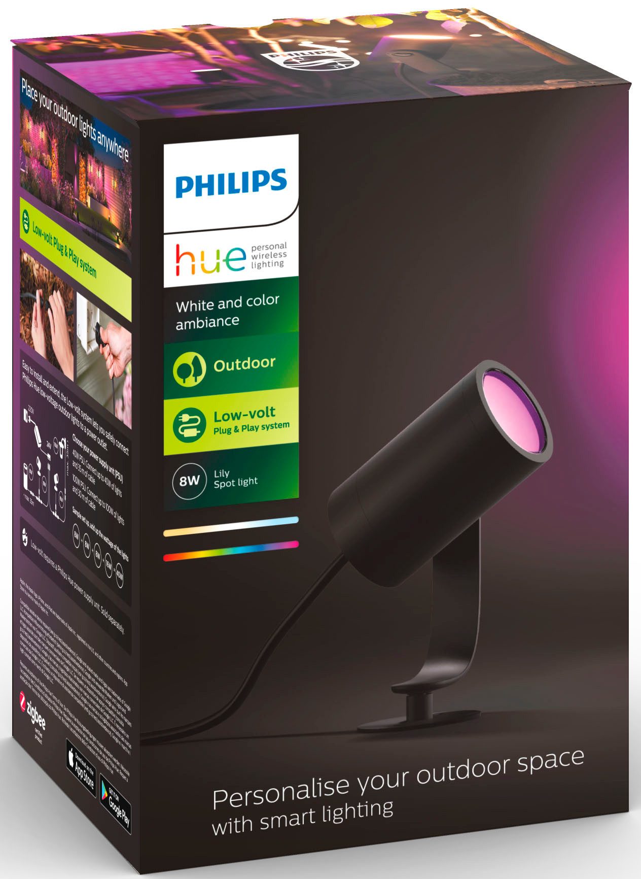 Philips Hue LED Gartenstrahler White & Color Ambiance Lily Spot 1 flg. schwarz Erweiterung, Abschaltautomatik, Bluetooth, CCT - über Fernbedienung, Dimmfunktion, Farbsteuerung, Farbwechsel, Leuchtdauer einstellbar, Memoryfunktion, Nachtlichtfunktion, RGB, Smart Home, Timerfunktion, dimmbar über Fernbedienung, erweiterbar, mehrere Helligkeitsstufen, LED fest integriert, RGB, Erweiterung für Niedervolt-System für Outdoor ohne Netzteil
