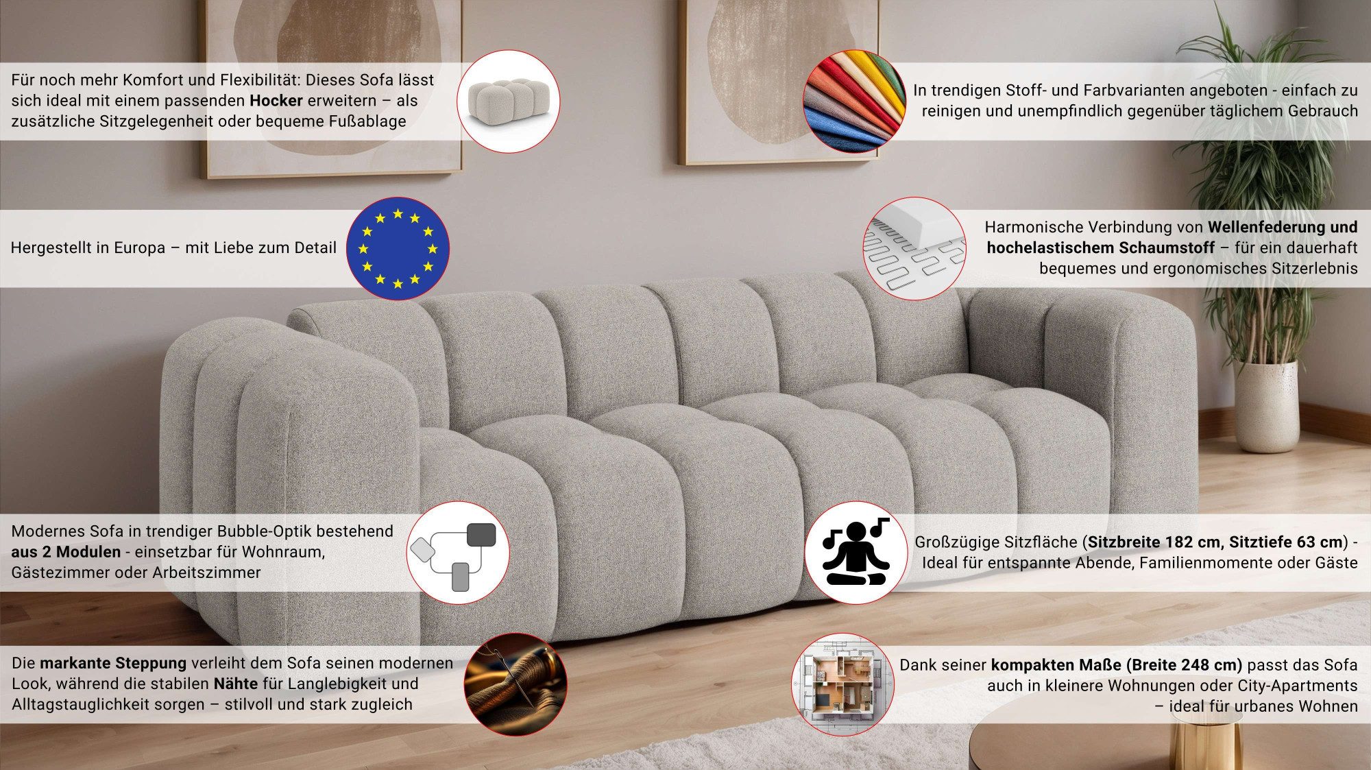 OTTO home Big-Sofa KALLIE Design-Sofa mit Steppung, Bubble-Optik, Breite 248 cm, moderne Steppung, hoher Sitzkomfort und modernes Design