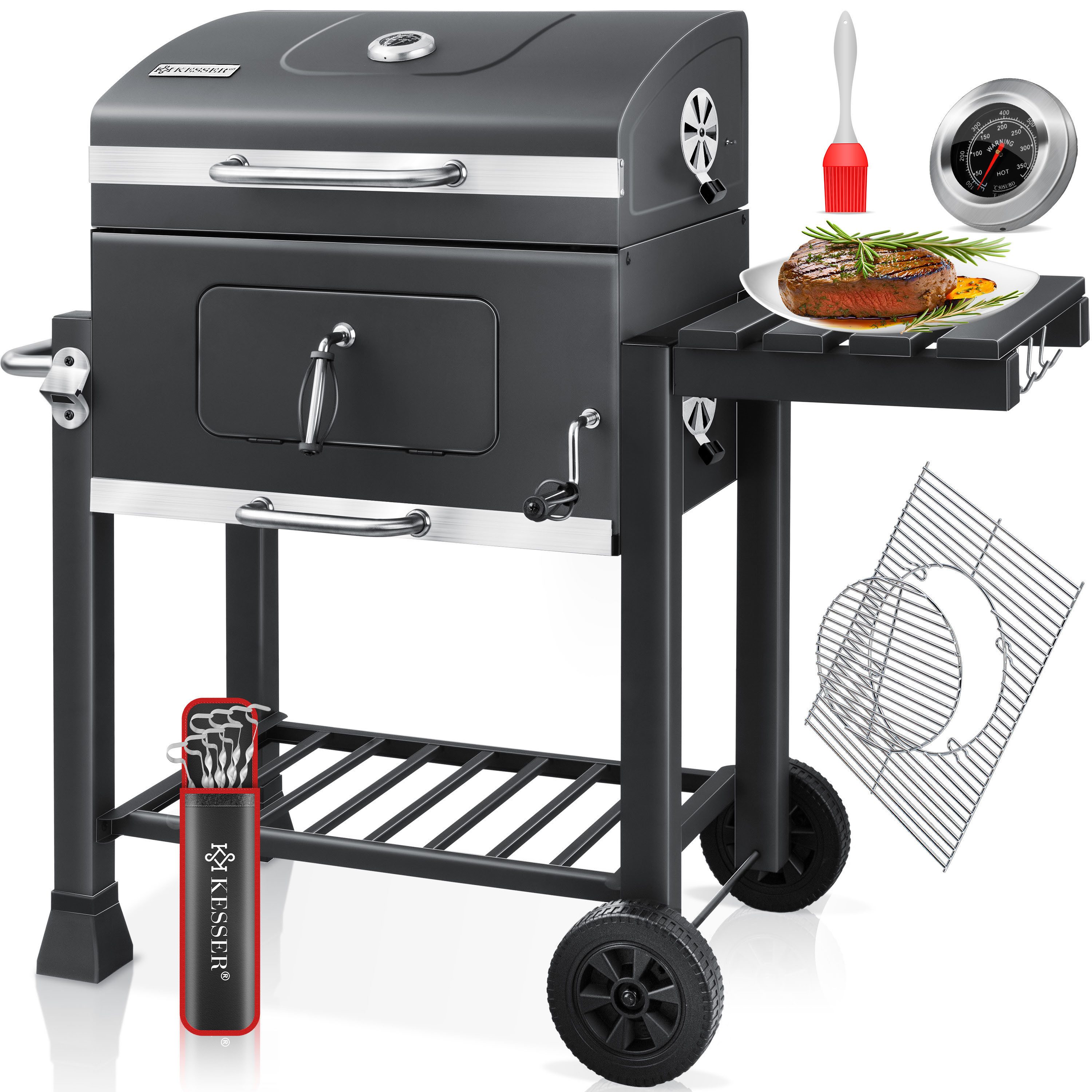 KESSER Holzkohlegrill Grill Grillwagen BBQ Smoker XL Holzkohlegrill mit Deckel, Rädern, Edelstahl-Griff, Grillrost und Thermometer Standgrill Kohlegrillwagen