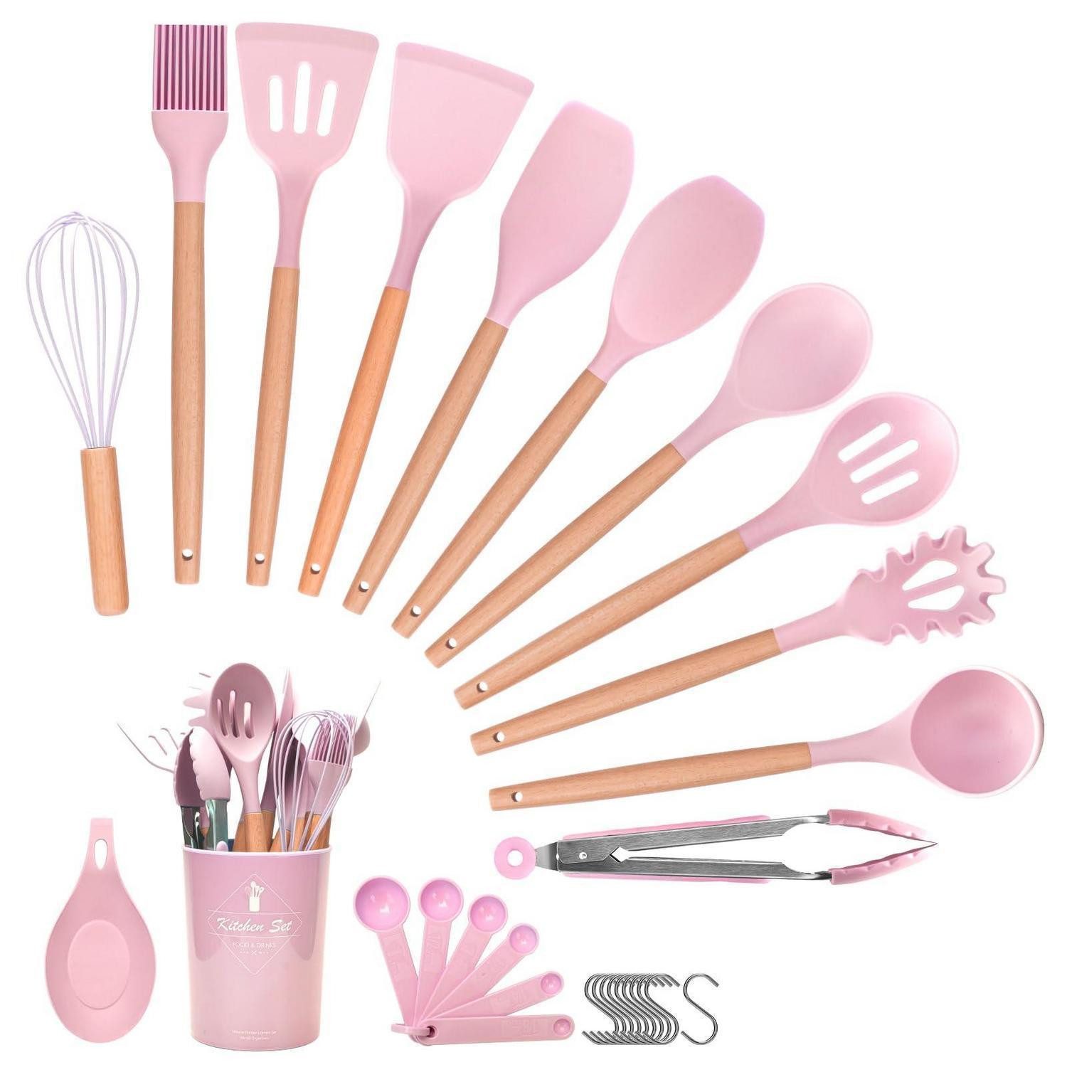 LuxusKollektion Pfannenwender Küchenhelfer Set 29-tlg Rosa Silikon Holzgriff