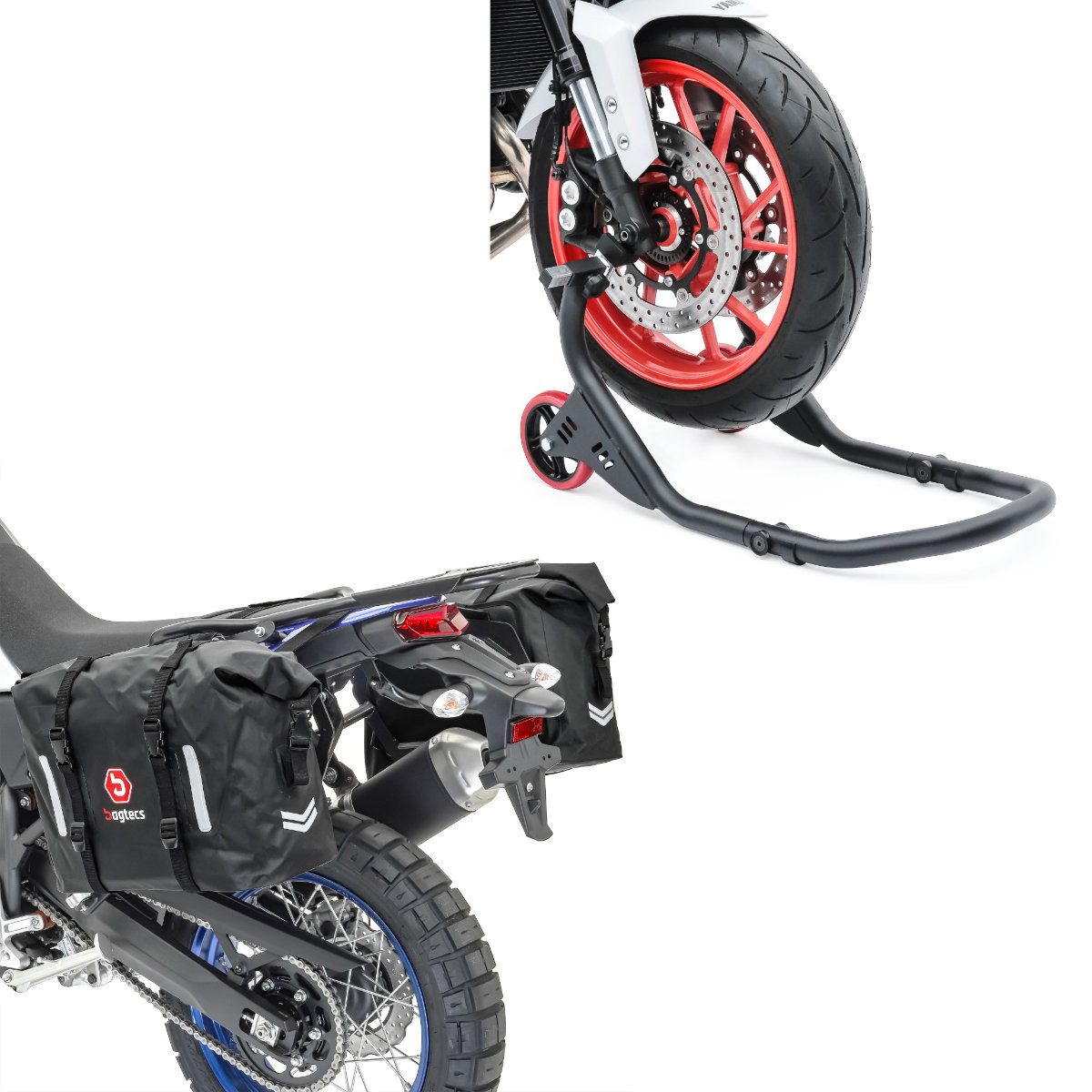 ConStands Motorradheber Set: Vorderrad Montageständer Falcone-2 mit L-Aufnahme # mit Satteltas