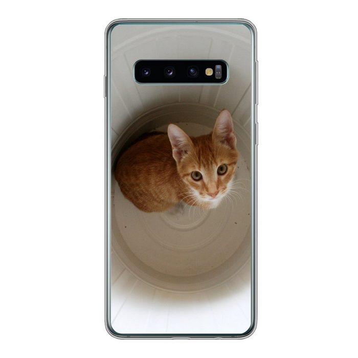 MuchoWow Handyhülle Katze - Mülleimer - Weiß Phone Case Handyhülle Samsung Galaxy S10 Silikon Schutzhülle