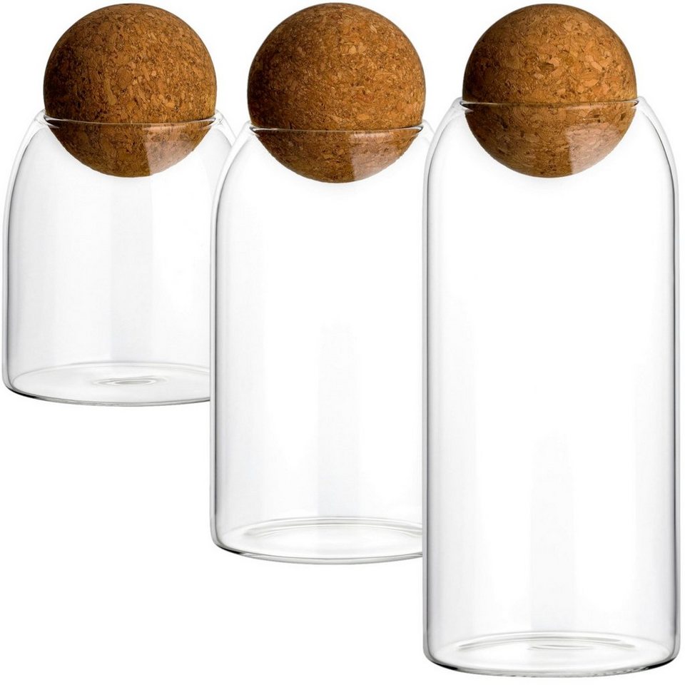 gouveo Vorratsglas 3er Set Borosilikatglas mit Kugel-Korken rund -  Vorratsdosen, 400 ml / 650 ml / 900 ml, Glasbehälter zur Aufbewahrung oder  Deko