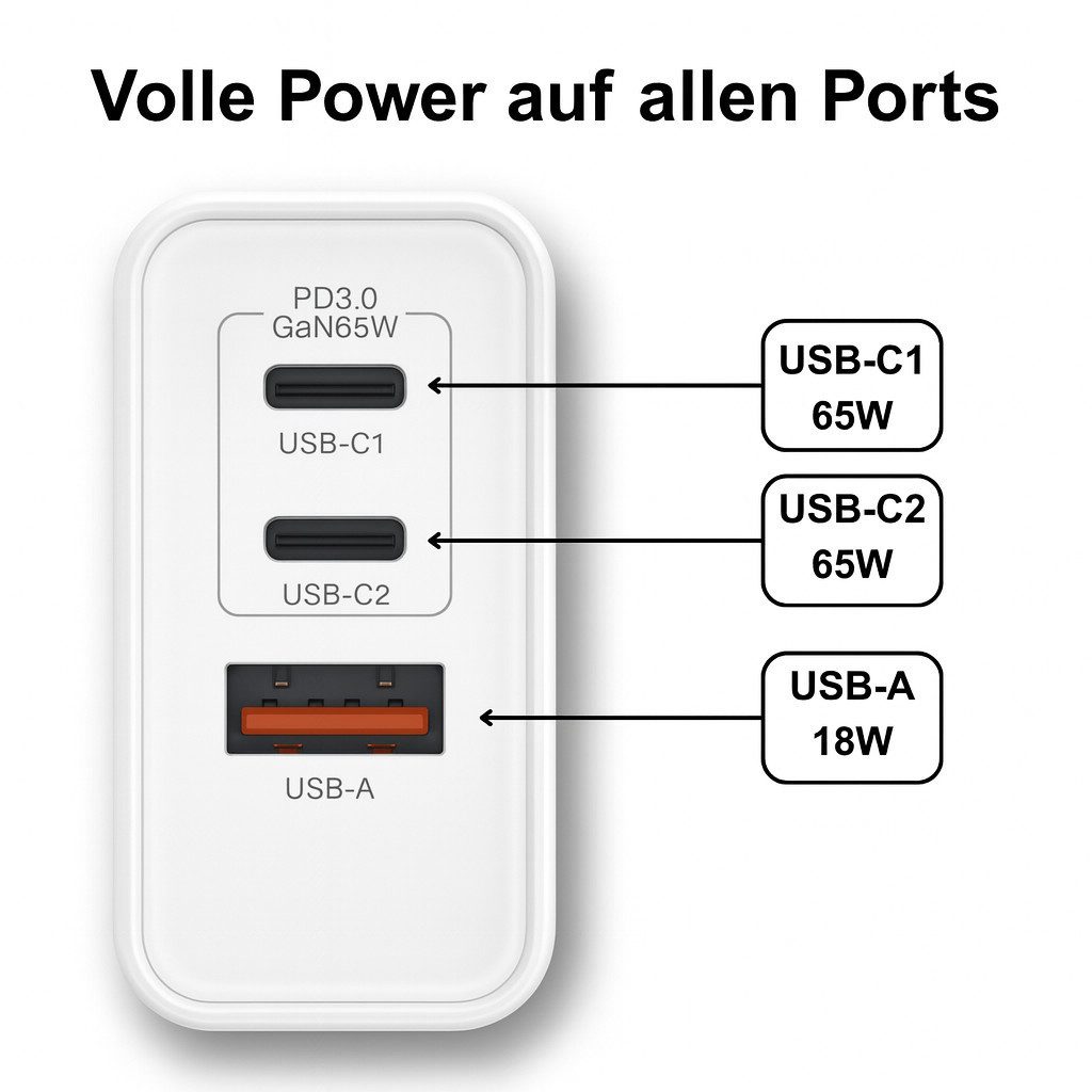 Alpha Electronics GaN 65W Schnellladegerät Smartphone-Ladegerät (3250 mA, Sparangebot, 1-tlg., Universelle Kompatibilität, USB-C PD je 65W, zusammen 33W, 1× USB-A QC 18W, für Smartphone uvm)