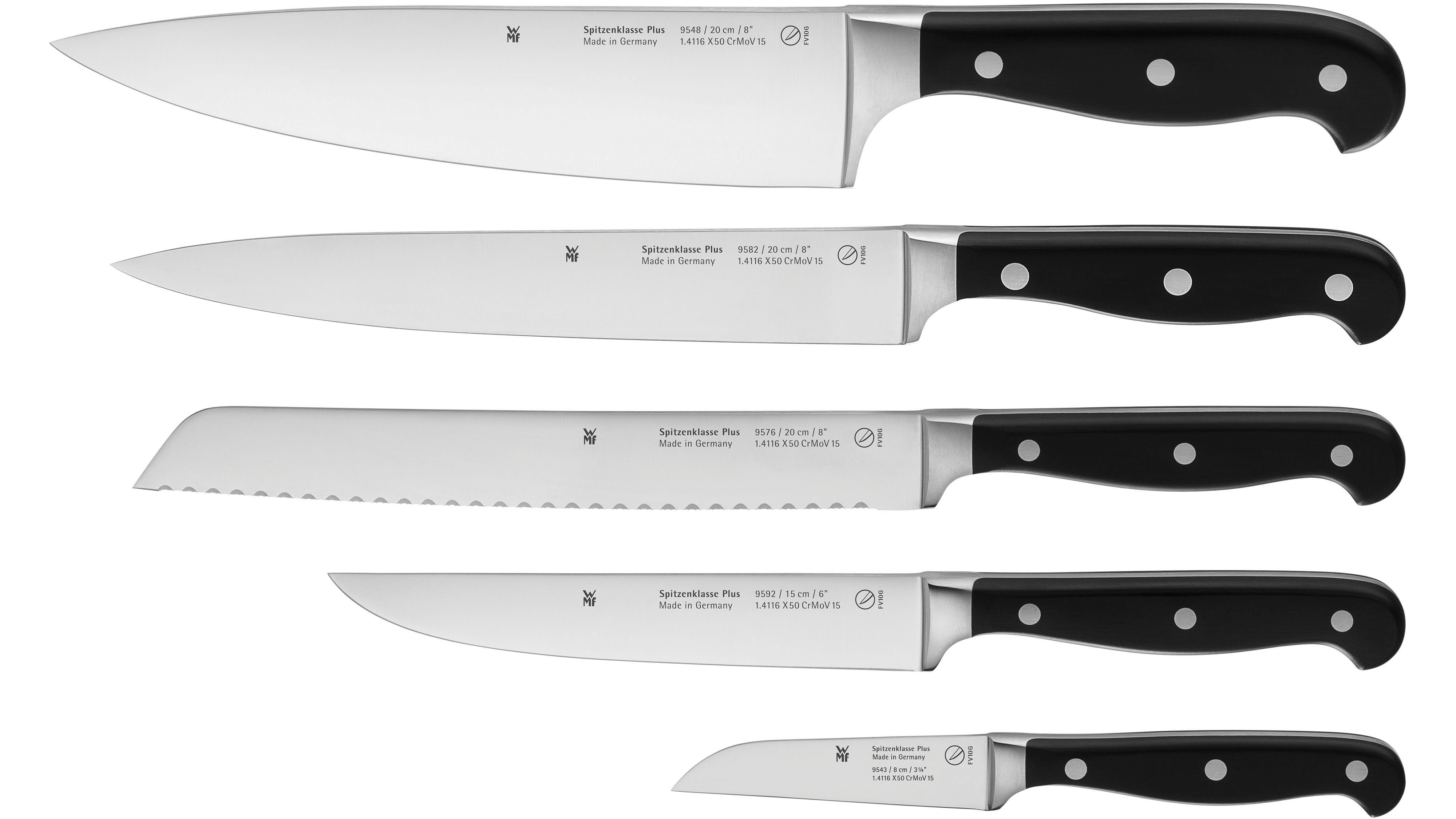 WMF Messer-Set Spitzenklasse Plus (Set, 5-tlg., Kochmesser, Brotmesser, 2x Fleischmesser und Gemüsemesser), Performance Cut, handgeschmiedet, Fingerschutz, Made in Germany