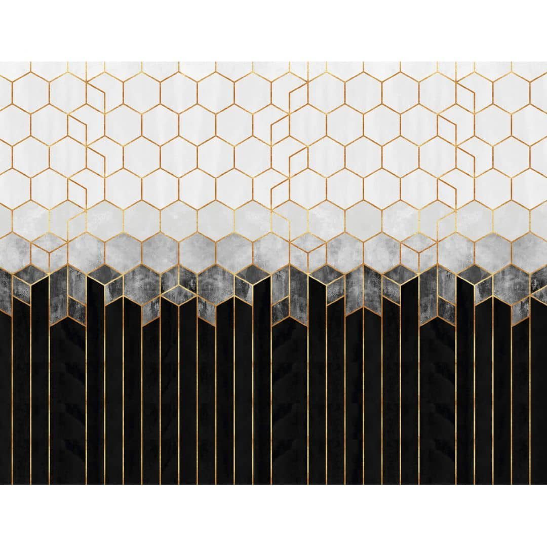 K&L Wall Art Fototapete Große Vliestapete XXL Art Deco Hexagon Schwarz Gold Vintage, Wohnzimmer Wandschutz