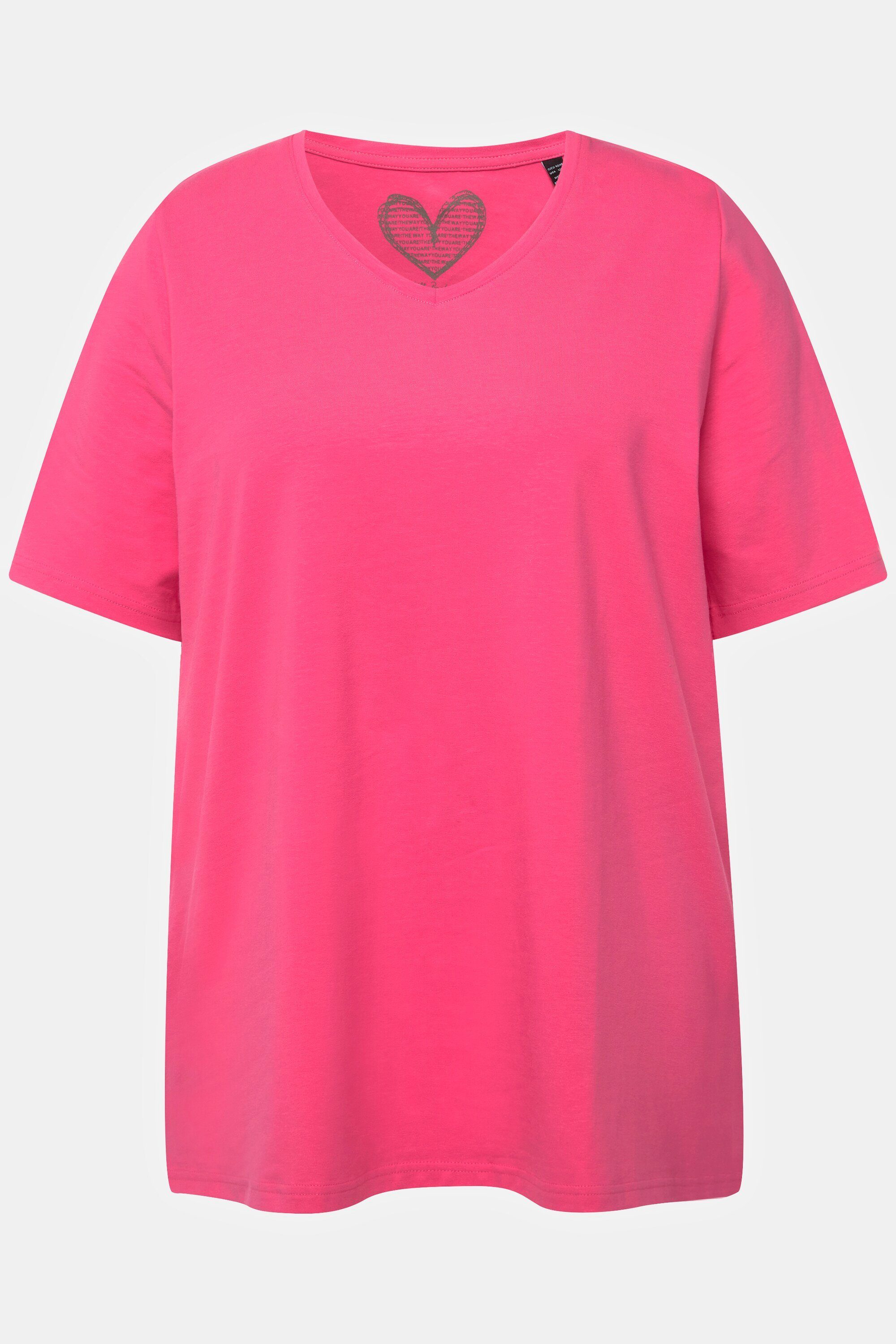 Ulla Popken Rundhalsshirt T-Shirt V-Ausschnitt rosa A-Linie Halbarm