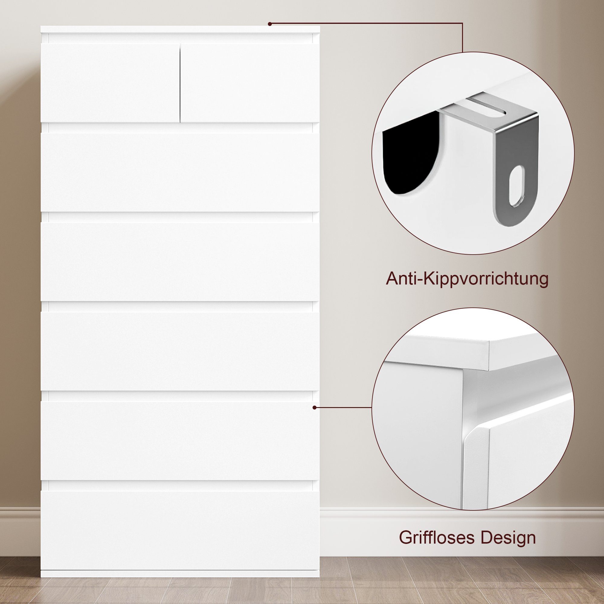 Homfa Kommode Sideboard Schubladenschrank Schubladenkommode, mit 7 Schubladen, holz, weiß, 60x40x119 cm