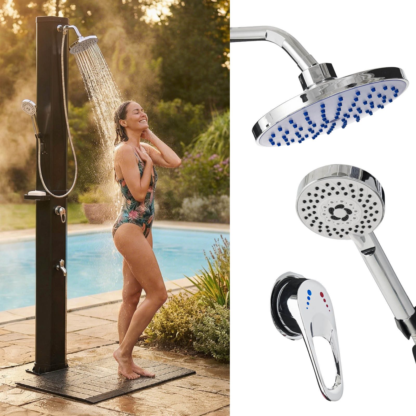 BRAST Gartendusche 3in1 Solardusche, 60 Liter, Handbrause & Fußdusche (ohne Stromanschluss, inkl. Standmatte Abdeckcover & Seifenhalterung), Gartenschlauch-Anschluss