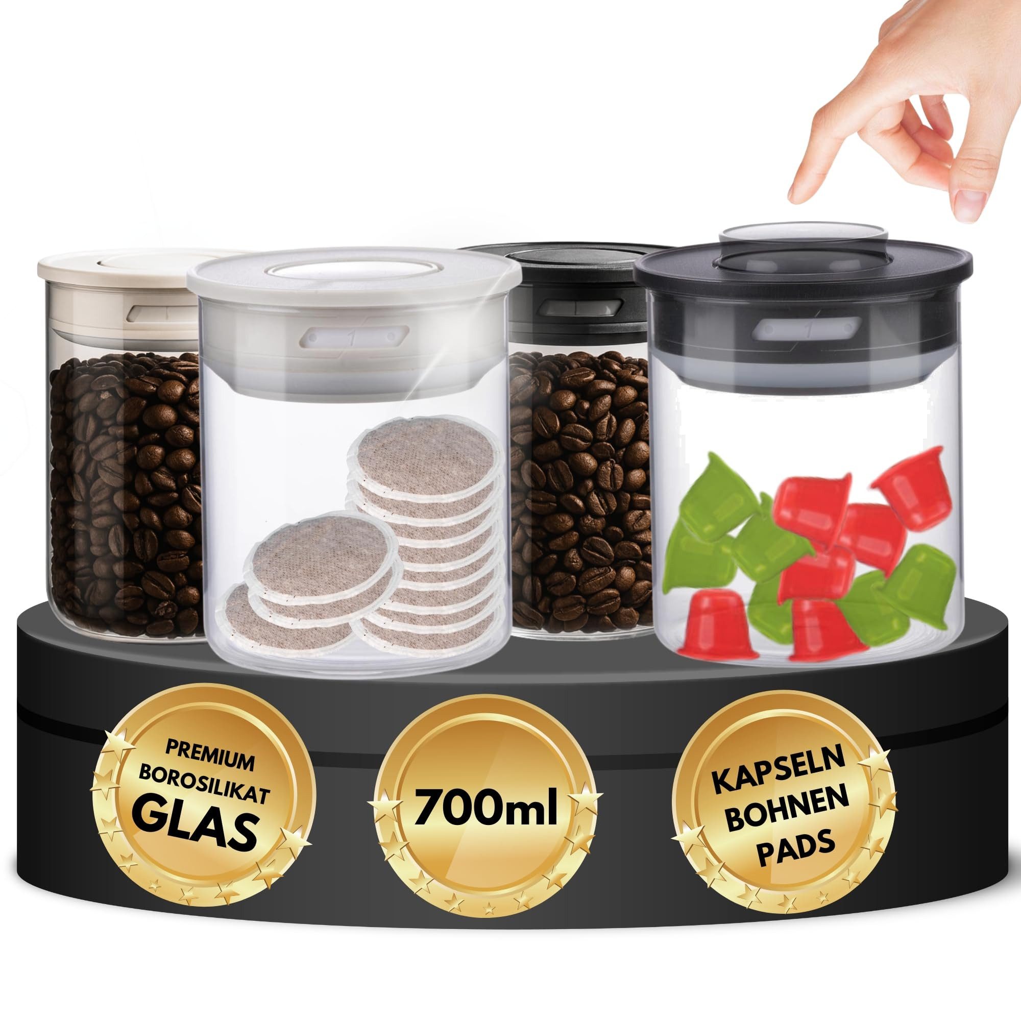 TronicXL Kaffeedose Kaffeedose Vorratsdose Luftdicht Kaffeebohnen Kaffeepads Kaffeekapseln, Glas, (Vorratsbehälter Vakuumdose, 4-tlg., mit Aroma-Deckel), kompatibel mit Nespresso Dolce Gusto Senseo Tchibo Tee