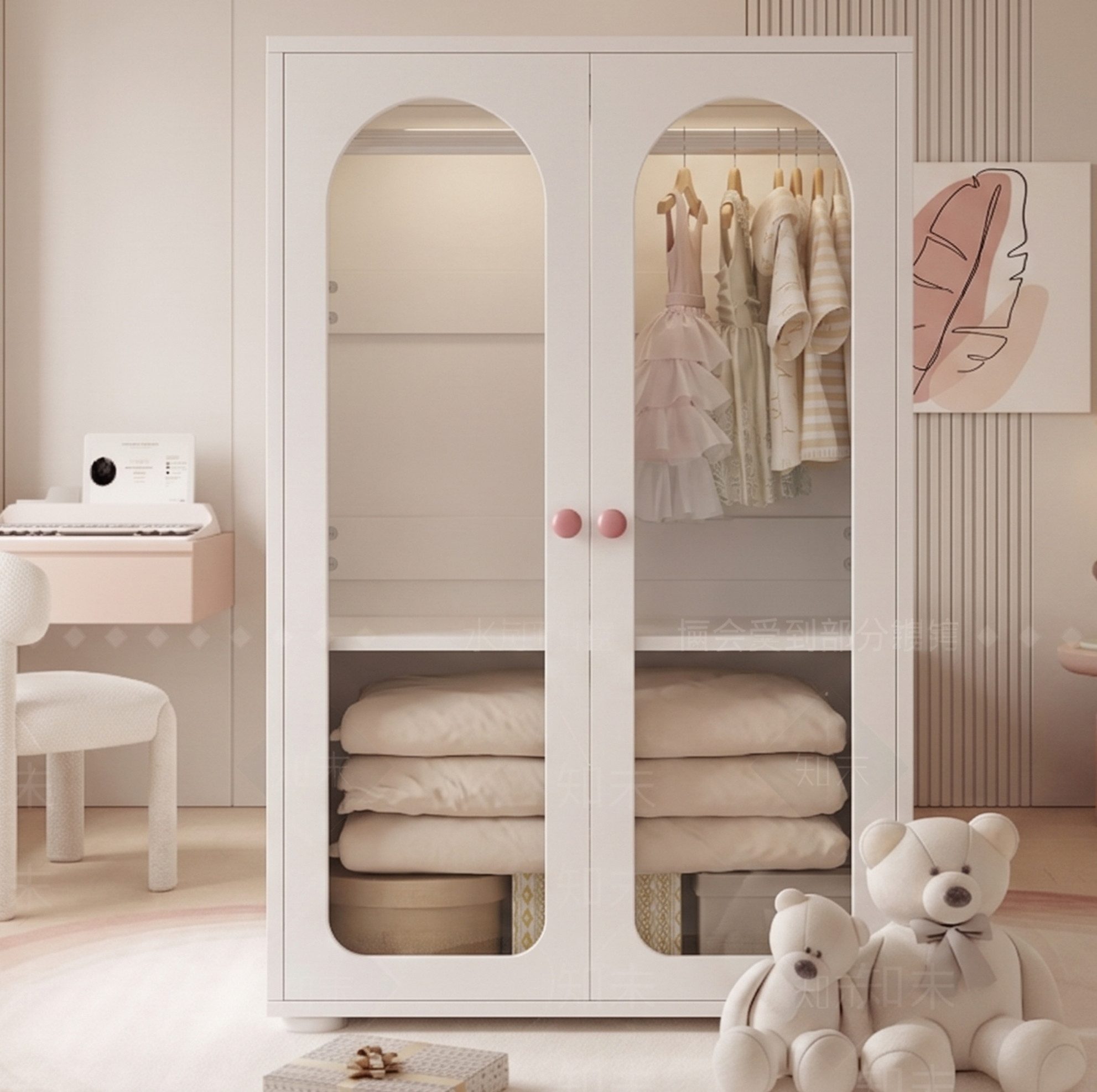 MODFU Kleiderschrank Kompakter Schrank – 80×50×120 cm mit Acryl-Türen & Stauraum (Packung, 1-St., Weiß, für kleine Räume & Kinderzimmer) Kleiderstange, verstellbare Böden, Keramikgriffe
