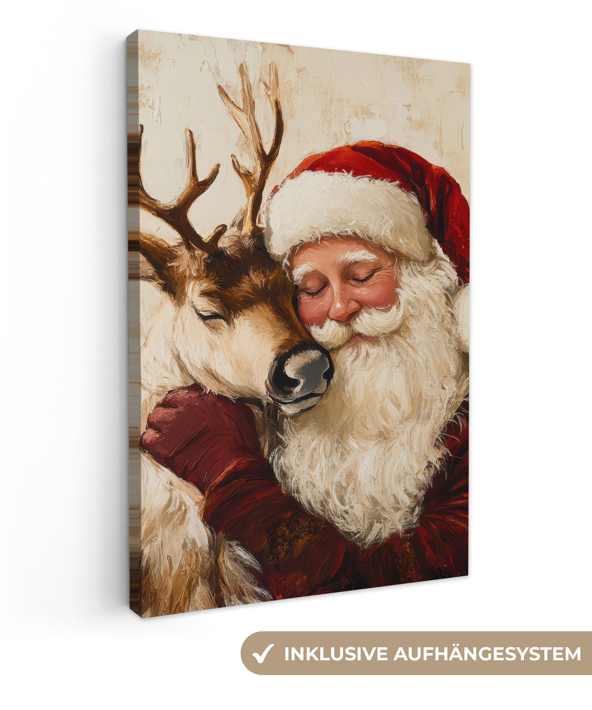 OneMillionCanvasses® Leinwandbild Weihnachtsmann - Rentier - Weihnachten, Fotodruck (1 St), Leinwand Canvas Wandbild, Wanddekoration 20x30 cm