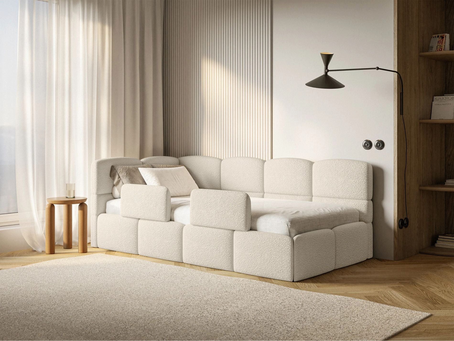 Selsey Kinderbett CLOUDY, Matratze, Stauraum, Eckkopfteil und Lattenrost, Bouclé, 120x200 cm