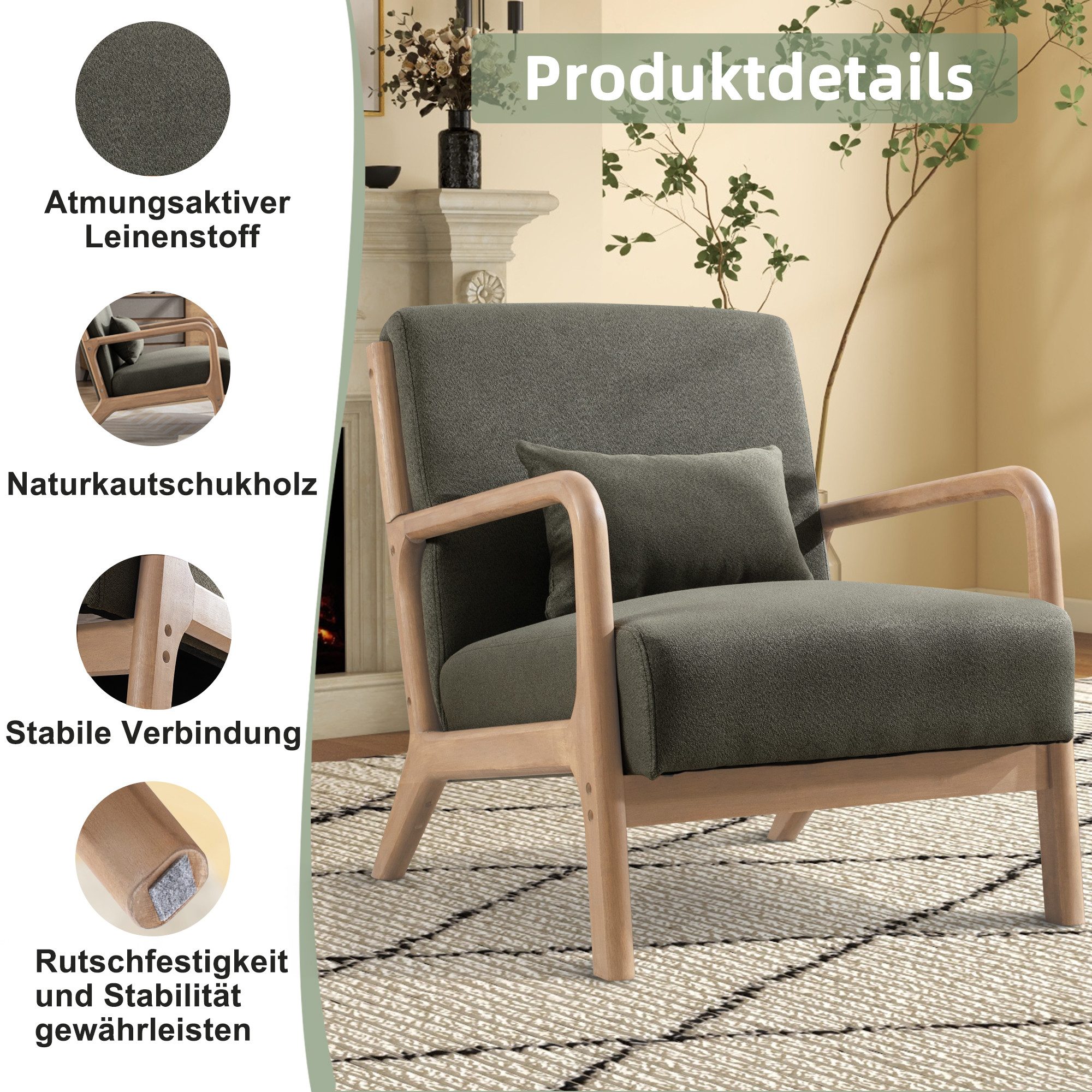 CANMOV Loungesessel Accent Sessel mit Kissen, Loungesessel mit Armlehnen, Armsessel (1-St), Natürliches Holz, Liegestuhl mit Armlehne und Kissen, für Wohnzimmer