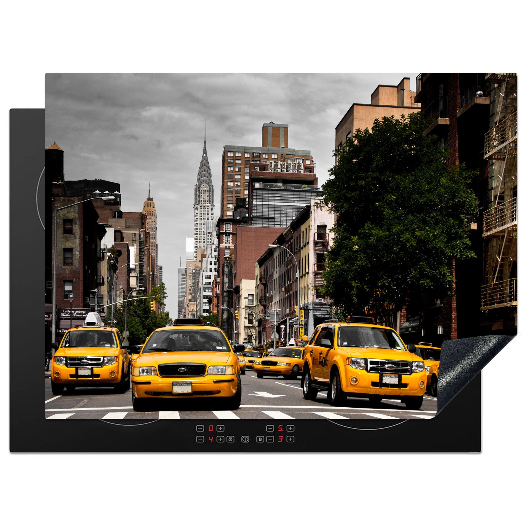 MuchoWow Herdblende-/Abdeckplatte New York - Taxi - Sturm, Vinyl, (1 tlg), 70x52 cm, Mobile Arbeitsfläche nutzbar, Ceranfeldabdeckung | Herdabdeckplatten