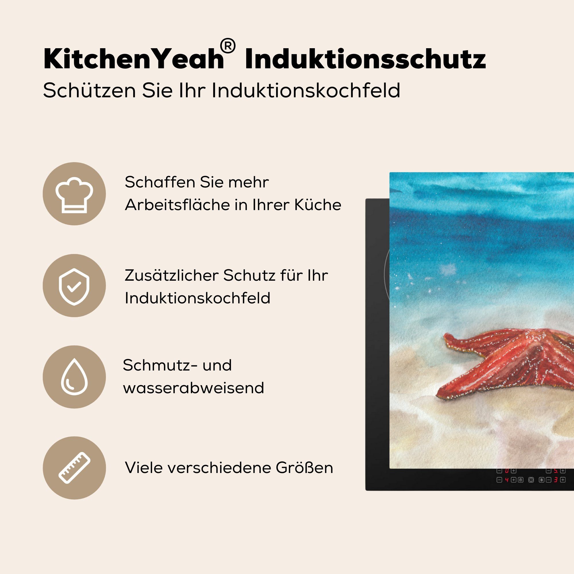 MuchoWow - Vinyl, Seestern für küche Herdblende-/Abdeckplatte Ceranfeldabdeckung, cm, Aquarell (1 - tlg), Arbeitsplatte Meer, 78x78