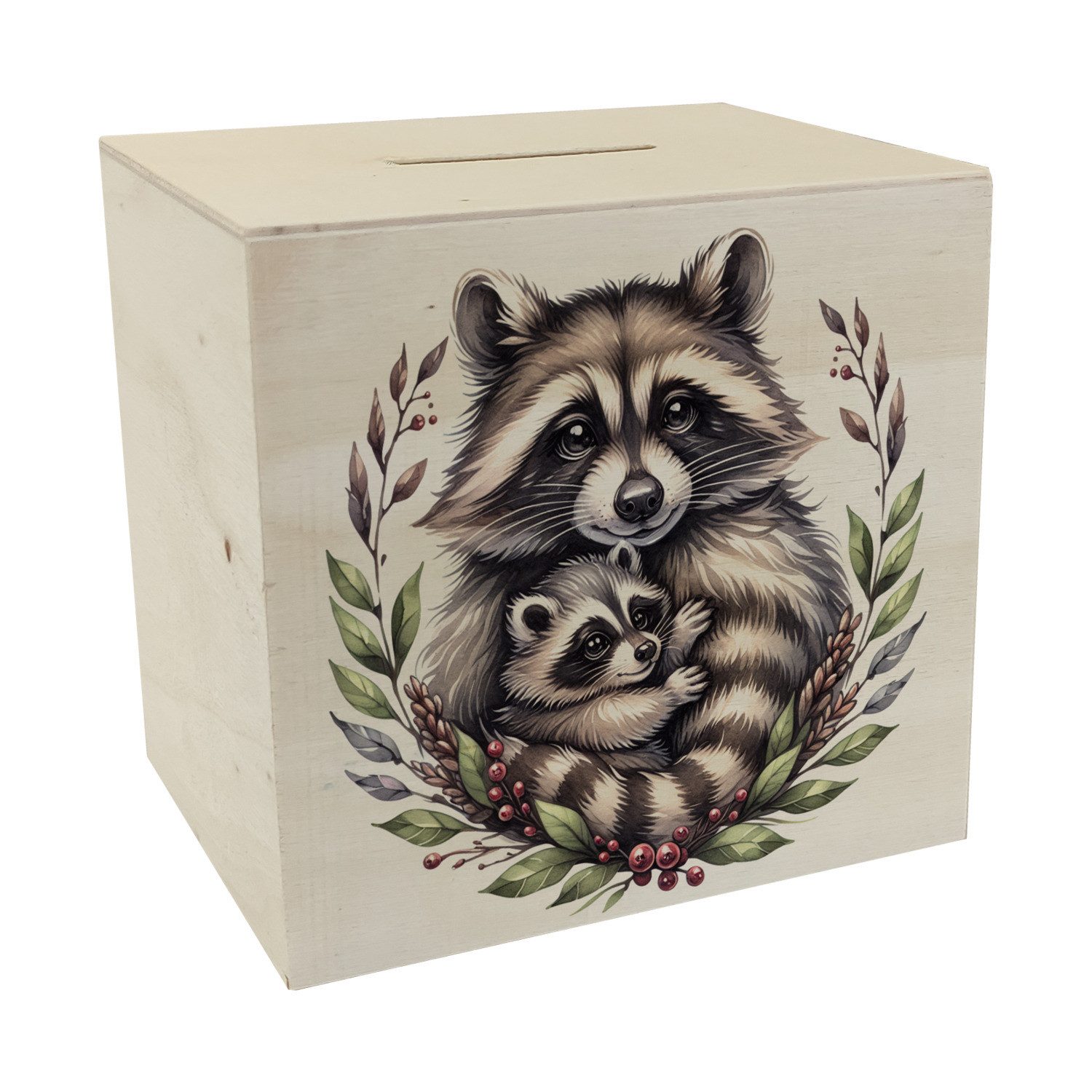 Spardose Waschbärmama mit Baby Spardose aus Holz