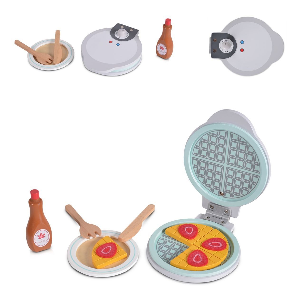 Moni Kinder-Waffeleisen 4334, Waffeleisen, Holz, Waffelstücke, Erdbeeren, Teller, Ahornsirup