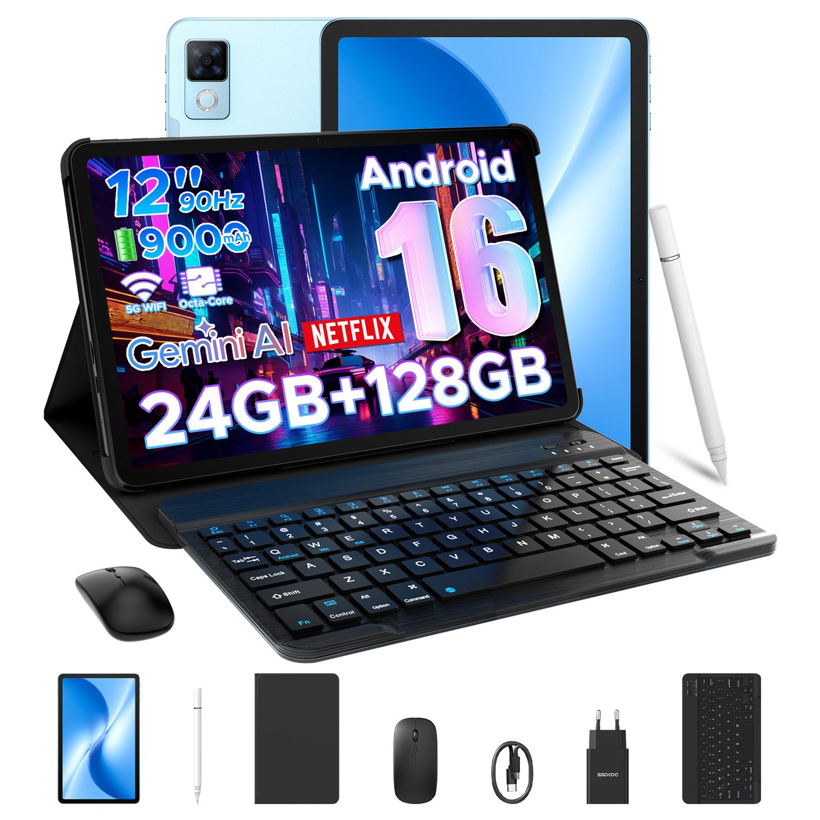 DOOGEE U12 Android 16 12 Zoll Tablet, 9000mAh, 90Hz, 6GB RAM+128GB/2TB Tablet (12", 128 GB, Android 16, Wifi, Gemini AI, 13MP+8MP, 7,8mm dünn, Tastatur+Stift+Maus+Hülle Set)
