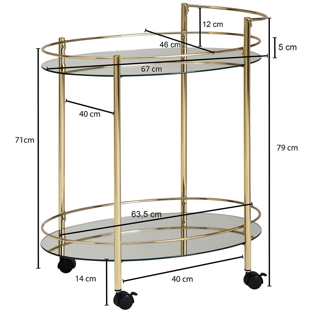 Lomadox Beistelltisch, Design golden B/H/T weiß mit 67/79/46cm auf Rollen ca. Glasplatte