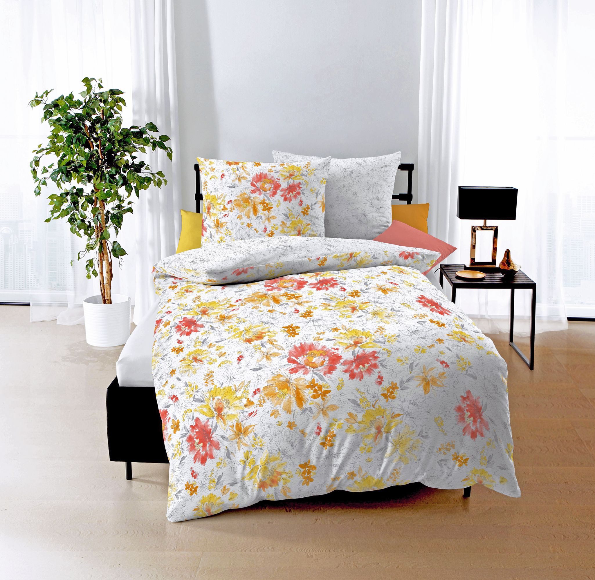 JACK Wendebettwäsche 155x220cm Vivienne Blüten Blumen Orange Bunt Kaeppel, Seersucker, 2 teilig, romatisches Design