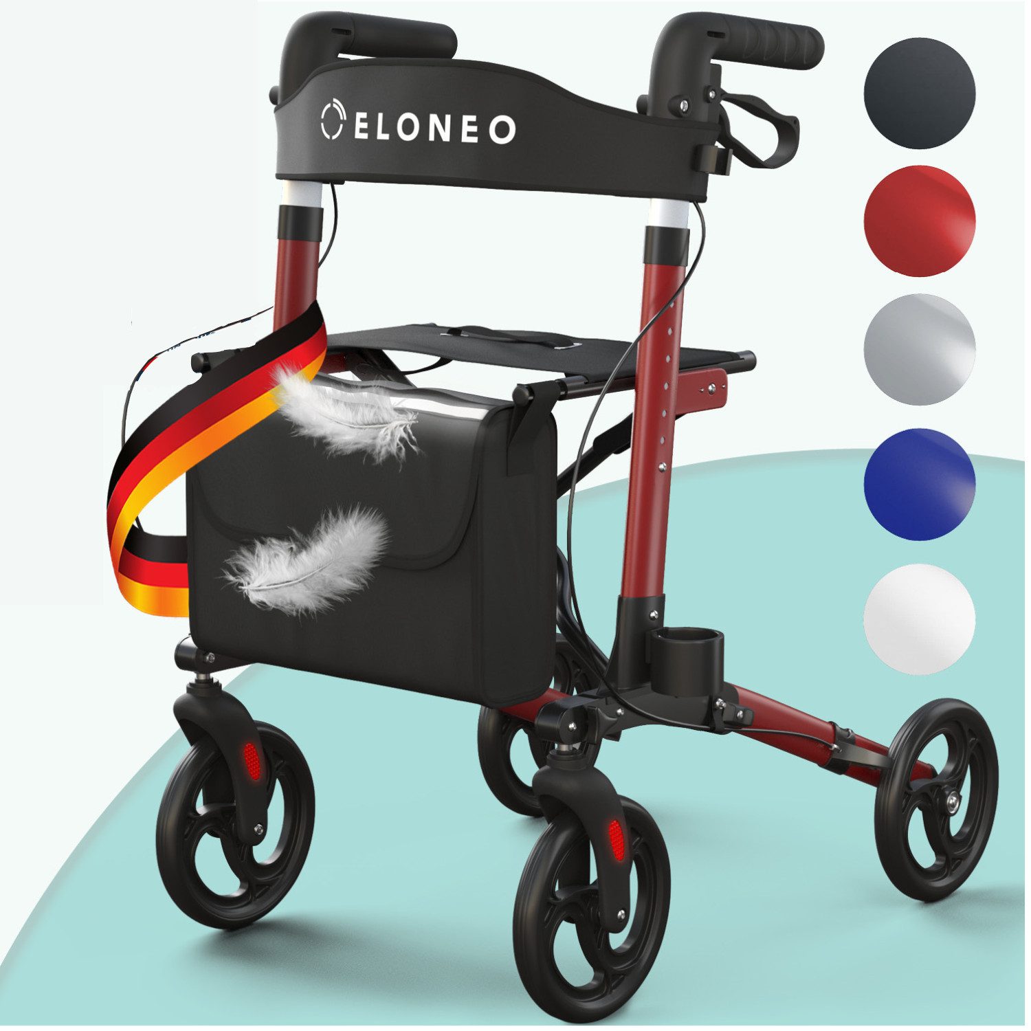 ELONEO Rollator leicht und faltbar, Hilfsmittel für Senioren, Gehhilfe, Komfort-Sitz mit Stockhalter, Einkaufstasche & Rückengurt