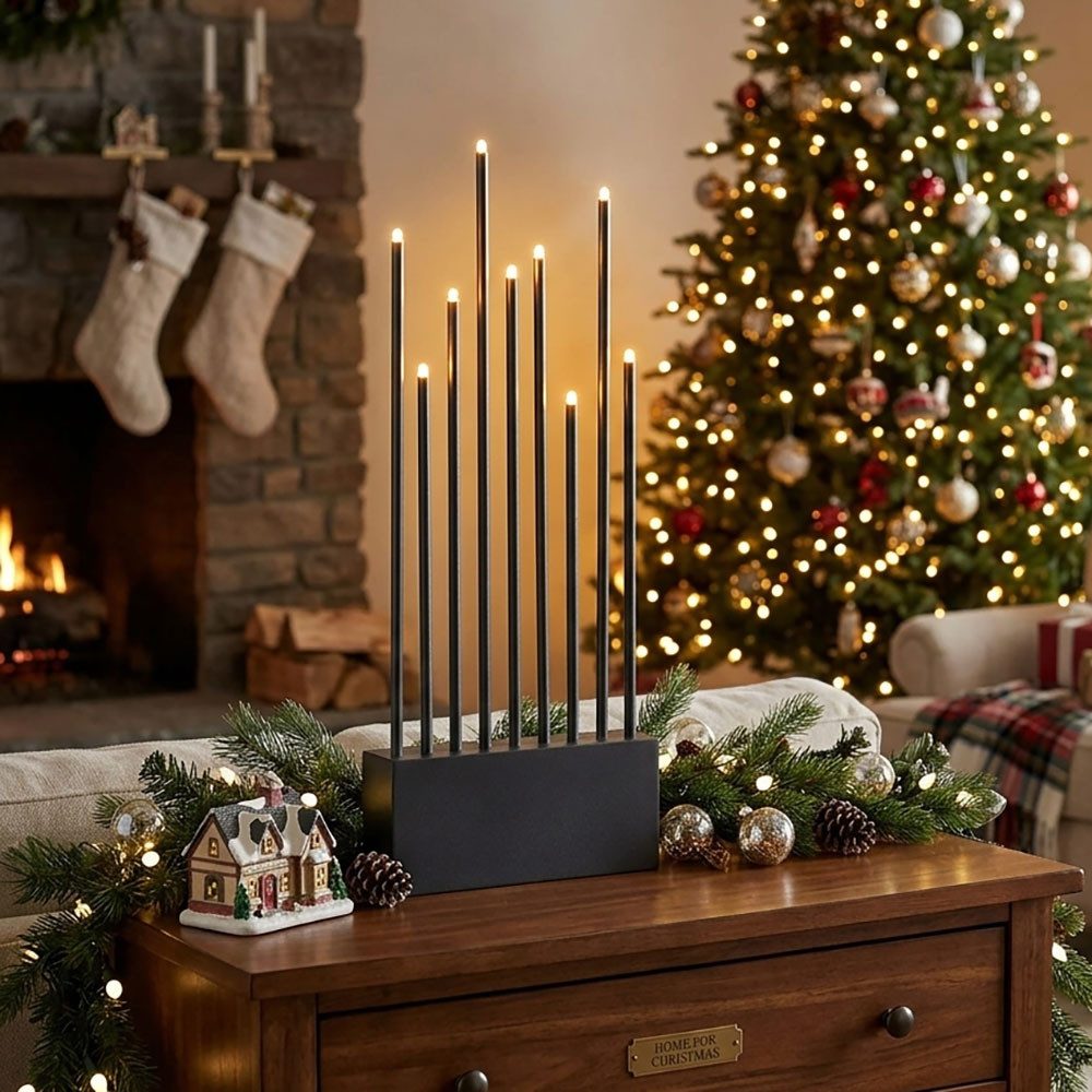 EGLO LED Dekolicht, Leuchtmittel inklusive, Warmweiß, LED Kerzenständer Weihnachten Anthrazit Stahl Holz 9-Flammig H 60 cm
