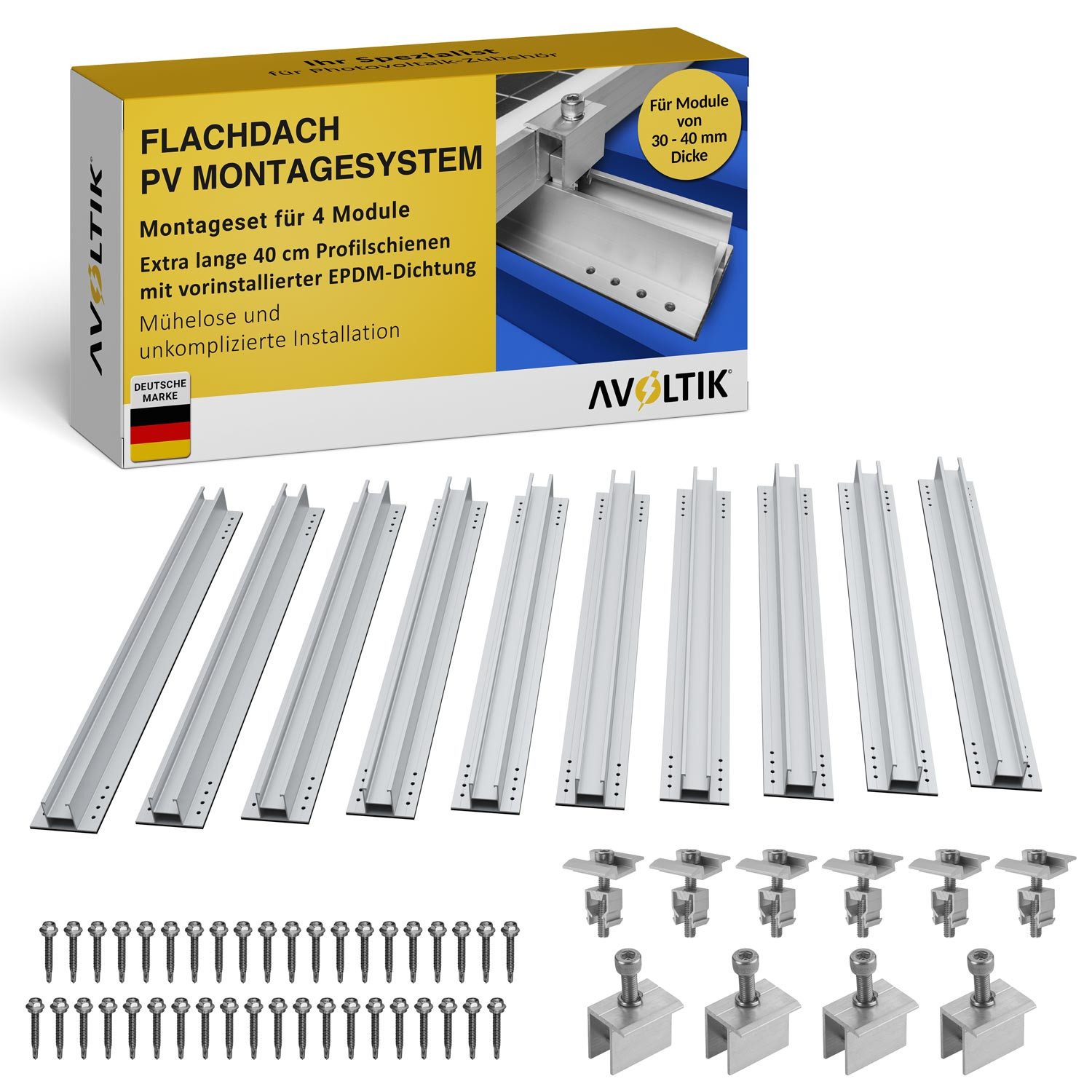 avoltik Solarmodul-Halterung Solar Halterung Montageset Schiene 400mm Flachach für 1-4 Solarmodule, (Solar Halterung Flachdach Montageset mit 400mm Montageschienen inkl. EPDM, Klemmen, Schrauben, Für 1, 2 oder 4 Solarmodule, Wählbar in der Anlagengröße)