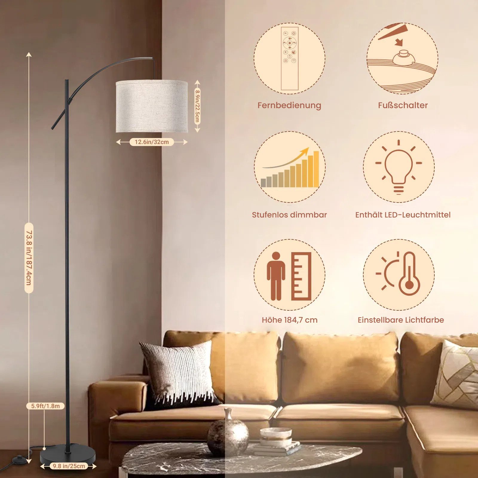 FIMEI Stehlampe LED-Stoffschirm-Stehlampe 9W, stufenlos dimmbar, günstig online kaufen