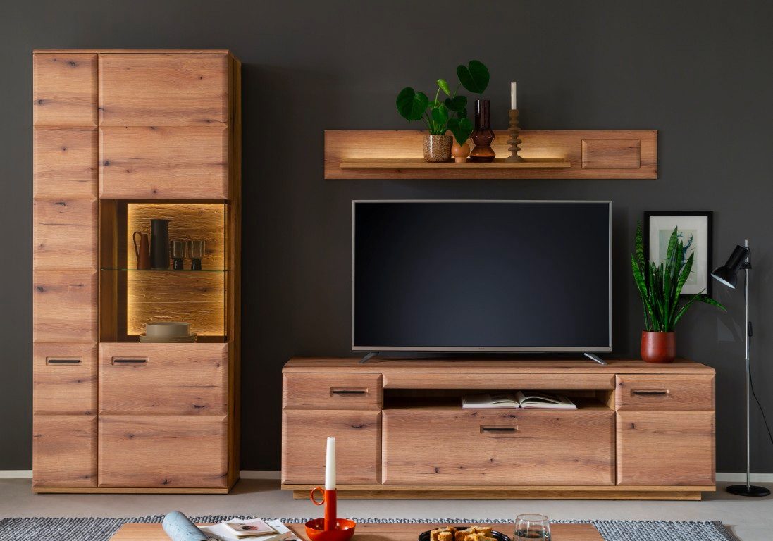 MCA furniture Wohnwand Wohnkombination Naxos 1, Eiche Evoke, 3-teilig, ohne Beleuchtung, (3-St), Wohnwand, Anbauwand, modern