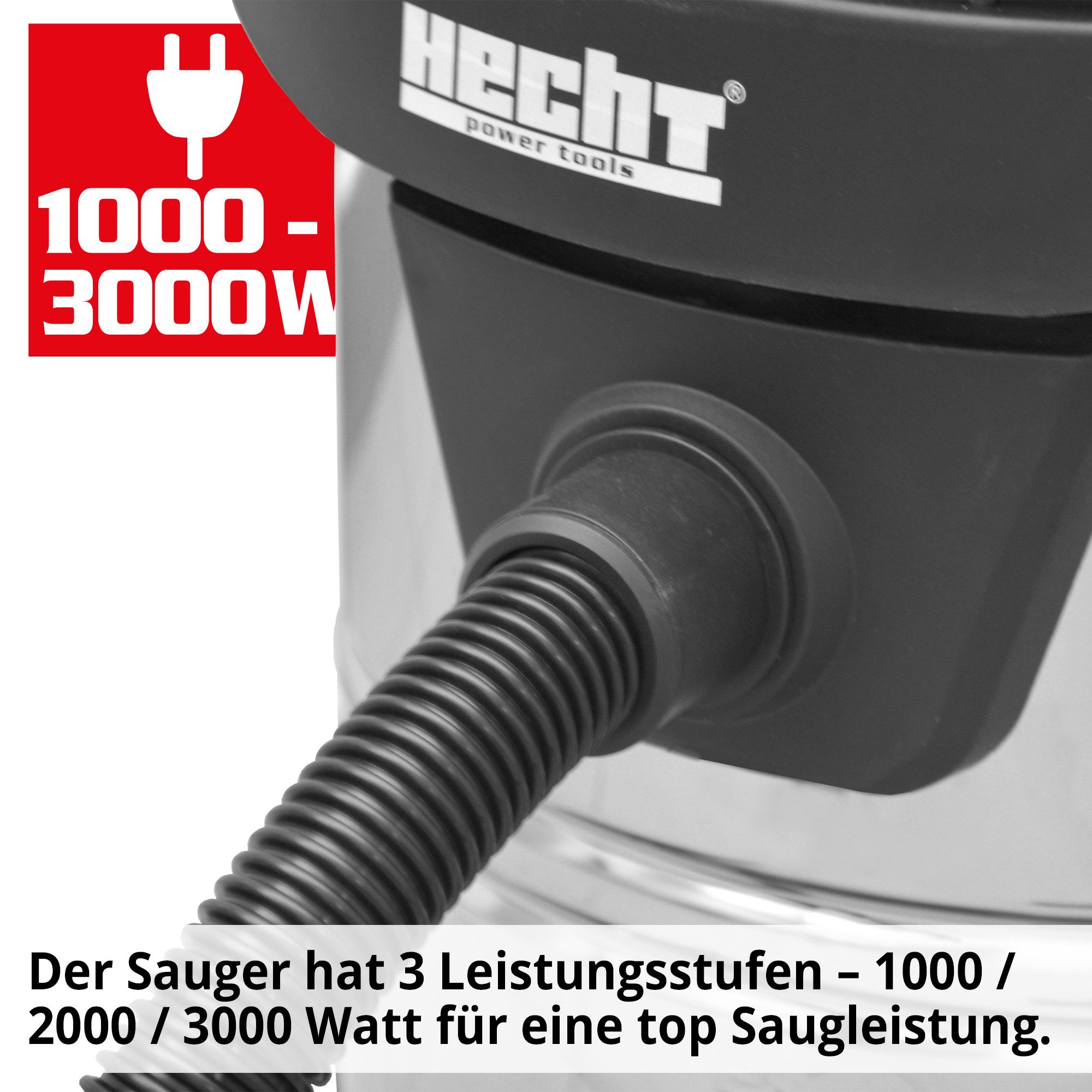 Hecht Industriesauger 8380 Nass-Trockensauger 80L Edelstahlbehälter Werkstattsauger, 3000 W, Behälter, beutellos Staubsauger Baustelle Garage