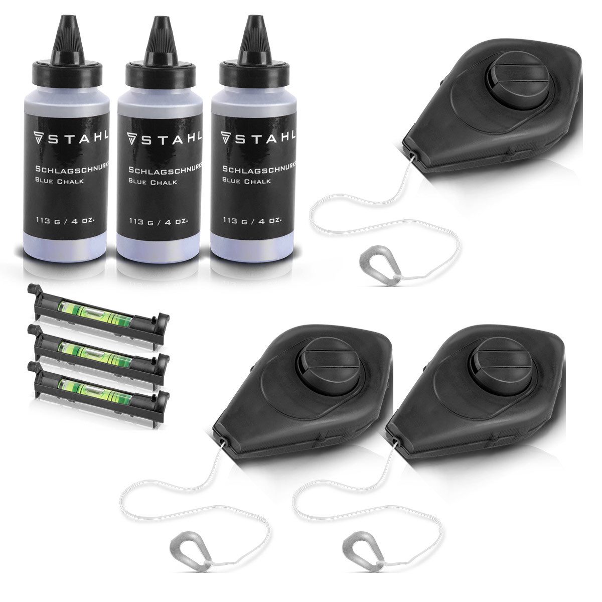 STAHLWERK Schlagschnur 3 x Schlagschnur Set 15 m, praktischer Aufrollmechanismus