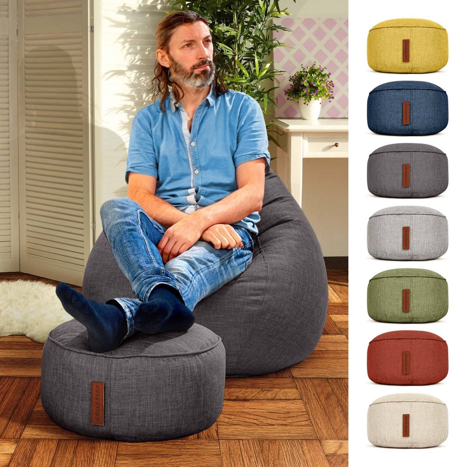 Green Bean Pouf Sitzsack-Hocker Home Linen 45x25cm (Sitzsack-Hocker 45x25cm mit EPS-Perlen Füllung -, Fußhocker Fußkissen Sitz-Pouf für Sitzsäcke), Bodenkissen für Kinder und Erwachsene - Sitzkissen Sitzhocker