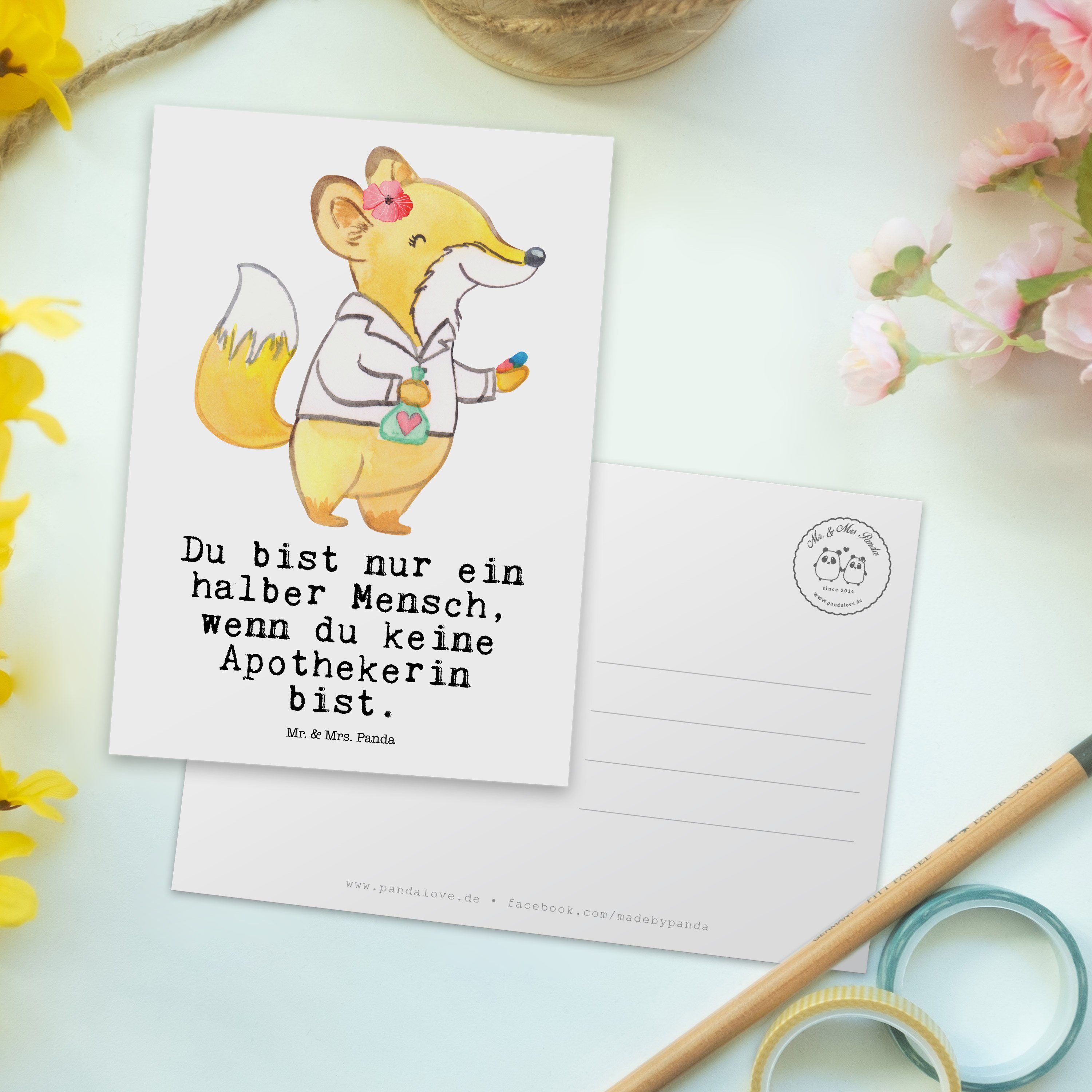 & Mrs. Panda Dankeschön, - Herz Danke, Apothekerin Weiß mit Geburtstag Geschenk, Postkarte Mr. -
