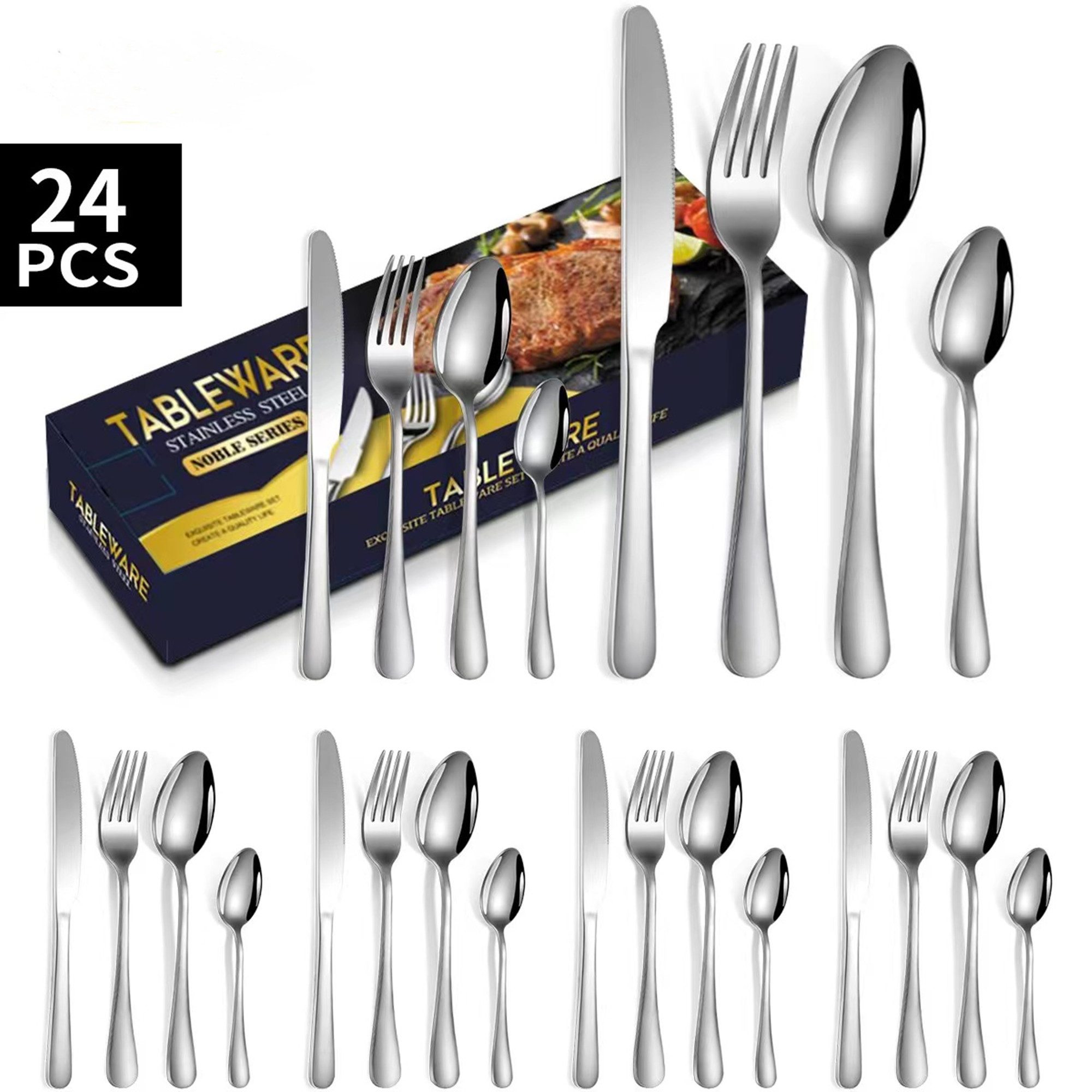 ibettertec Besteck-Set Besteck Set für 6 Personen,24teiliges Edelstahl Essbesteck&Steakmesser, 6 Personen, Elegantes/Modernes Besteckset,Besteck Set für Restaurant,Hotel,Zuhause