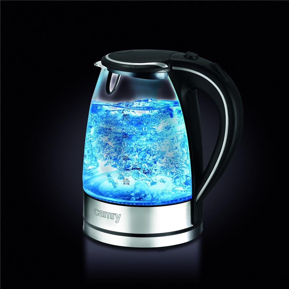 grau/schwarz beleuchtet, 2000 Wasserkocher Watt, großer 6-7 LED Camry für Edelstahl-Glas, 1239 CR Wasserkocher 1,7 L Personen,
