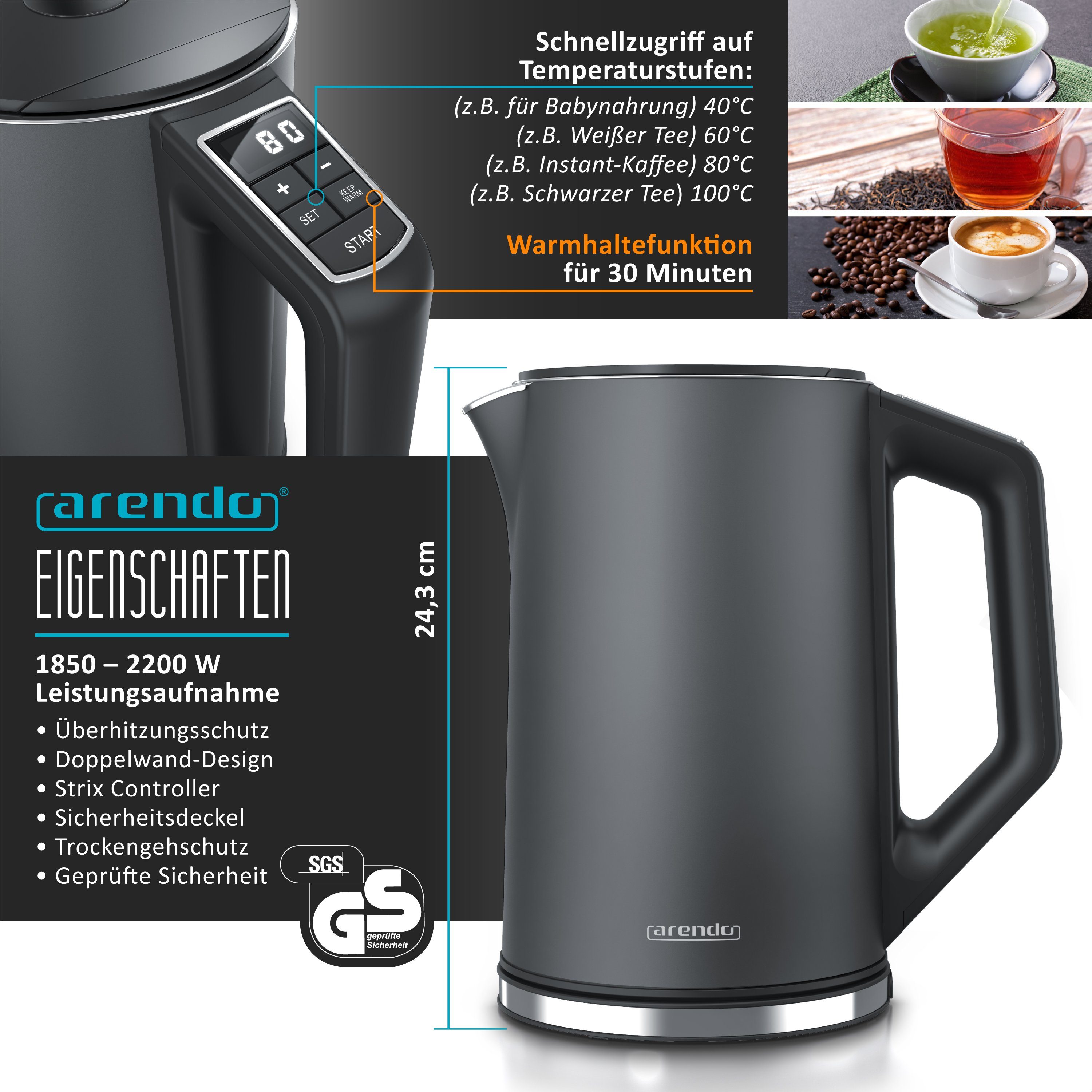 Arendo Frühstücks-Set Wasserkocher 1,5l, 4-Scheiben Toaster, 6er Eierkocher, Cool Grey (3-tlg), Edelstahl, 40°-100°C, LED-Display, 6 Bräunungsgrade, Messbecher