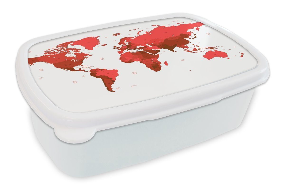 MuchoWow Lunchbox Weltkarte - weiß Erwachsene, Brotdose, Kinder und und für Brotbox Rot für (2-tlg), Mädchen Einfach, Jungs Kunststoff, 