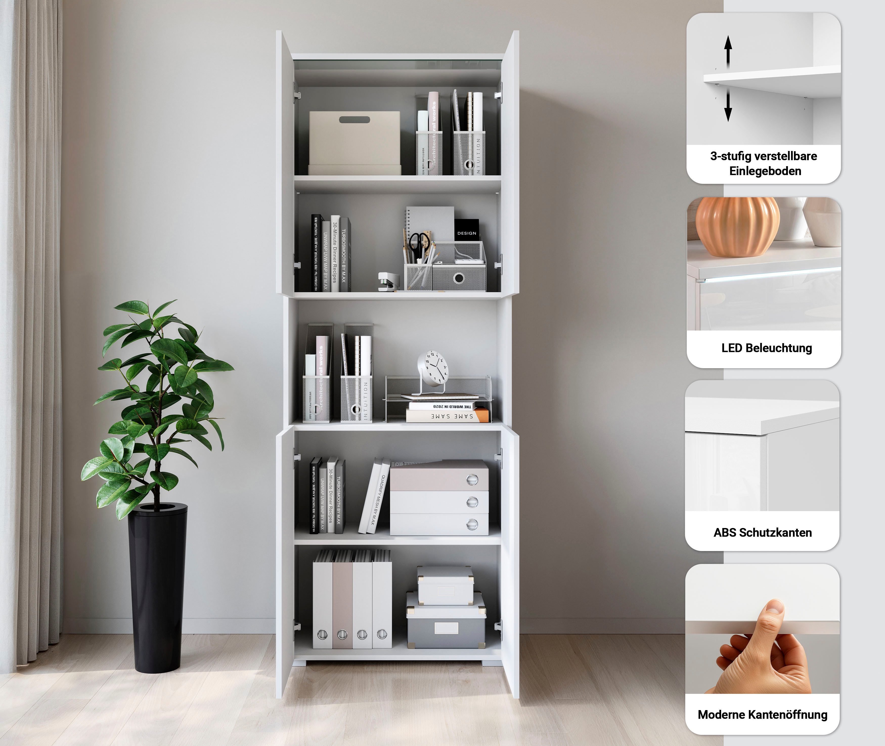 Home affaire Aktenschrank Vera, Mehrzweckschrank mit LED-Beleuchtung Praktischer Stauraum mit höhenverstellbaren Ablageböden, H. 182 cm