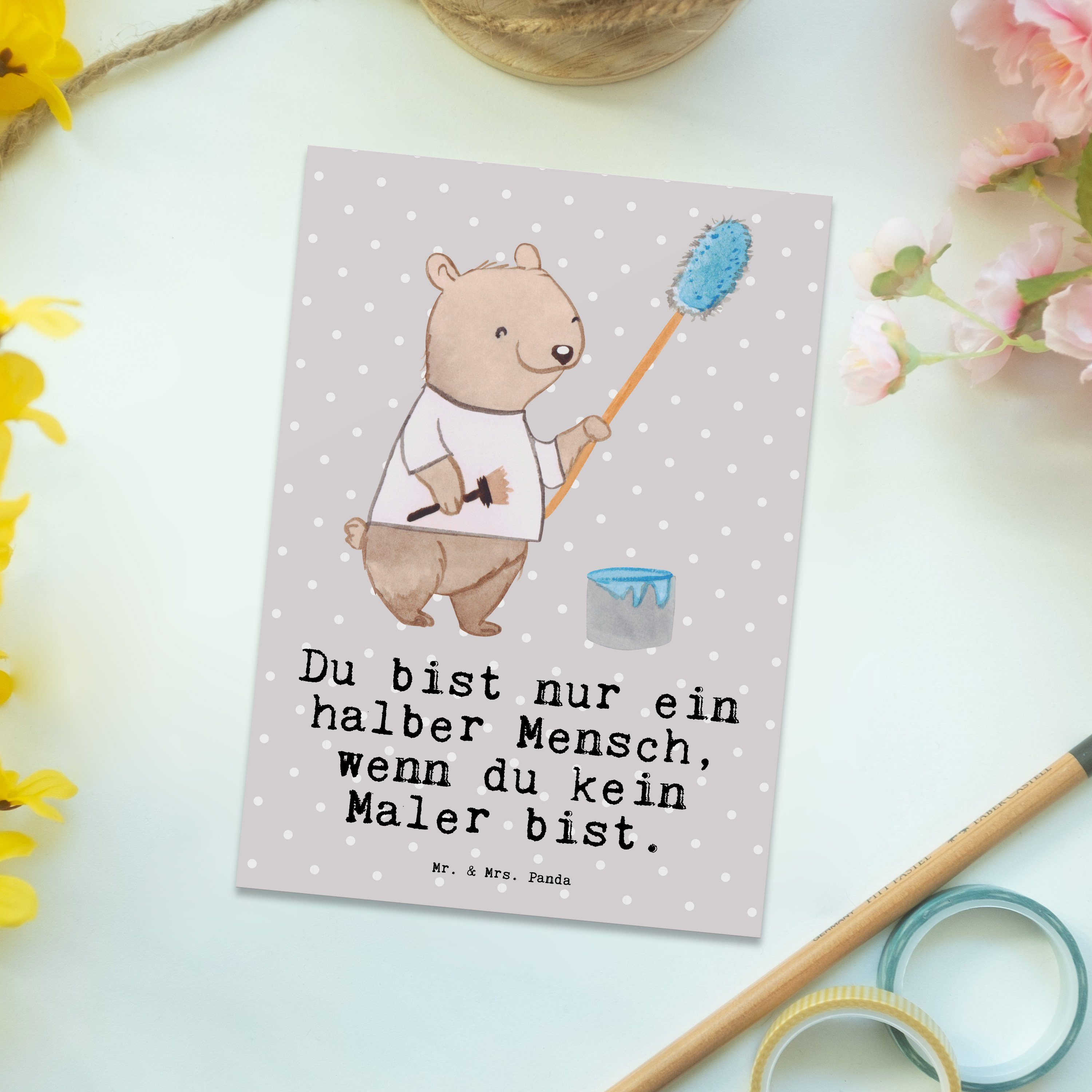 Mr. & Mrs. Panda Postkarte Maler mit Herz - Grau Pastell - Geschenk, Malerbetrieb, Grußkarte, Ge