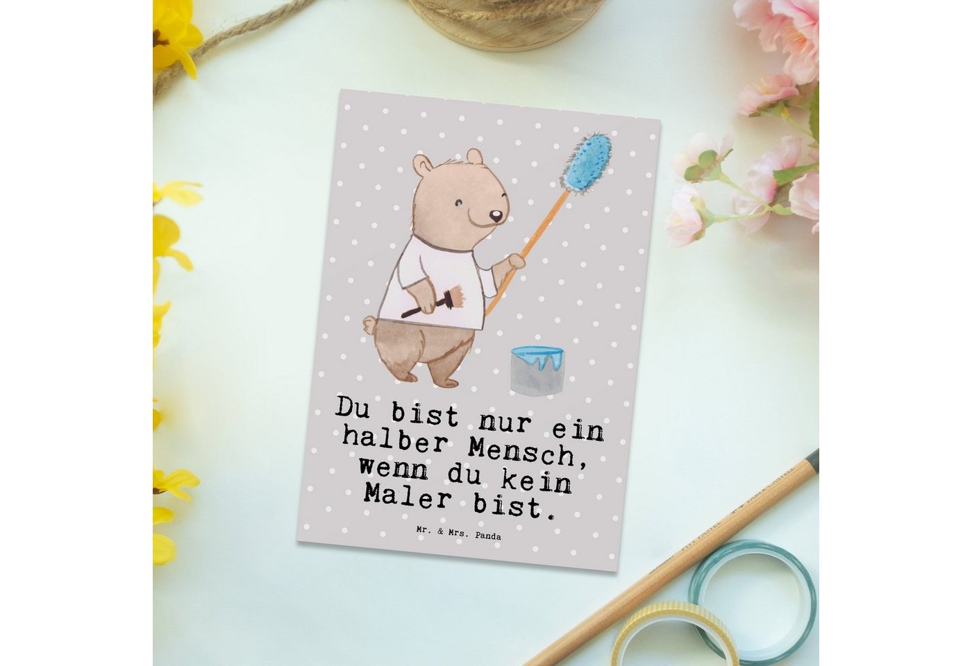 Thumbnail - Mr. & Mrs. Panda Postkarte Maler Herz - Grau Pastell - Geschenk, Malerbetrieb, Grußkarte, Ansich, Multifunktionalität