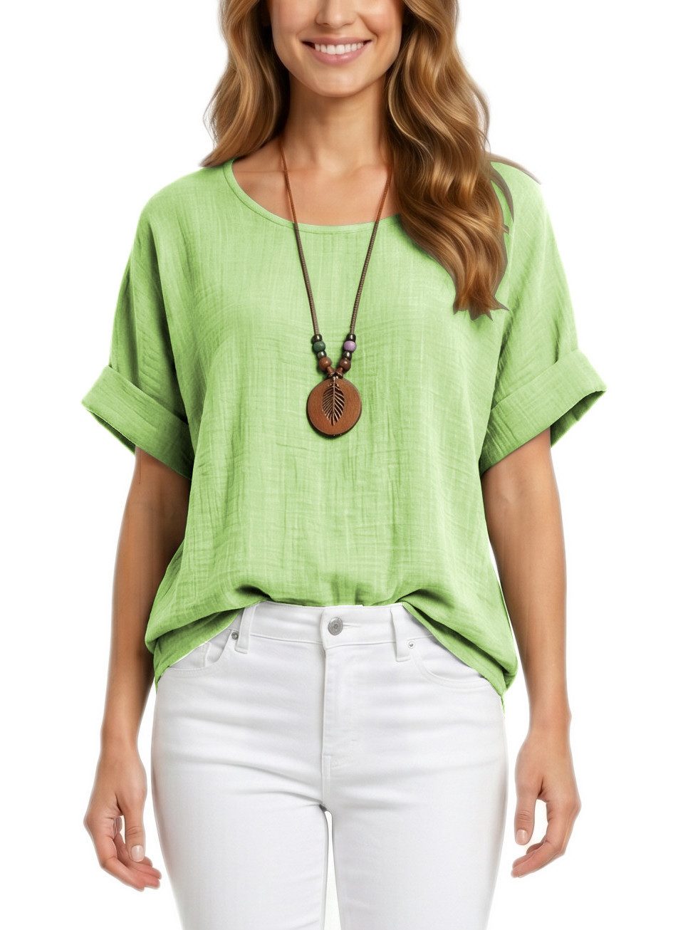 dy_mode Kurzarmbluse Damen Kurzarm Bluse Leichte Sommer Tunika Baumwollbluse Oberteil in Unifarbe, mit passende Kette