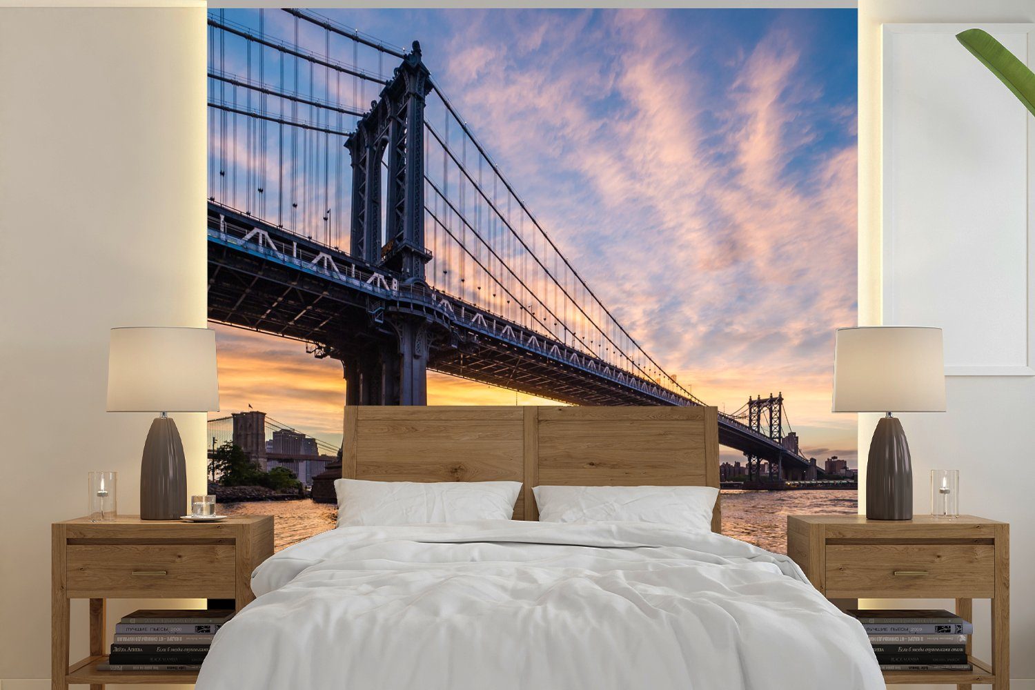 MuchoWow Fototapete Bewölkter Himmel über der Brooklyn Bridge in New York bei, Matt, bedruckt, (4 St), Vliestapete für Wohnzimmer Schlafzimmer Küche, Fototapete