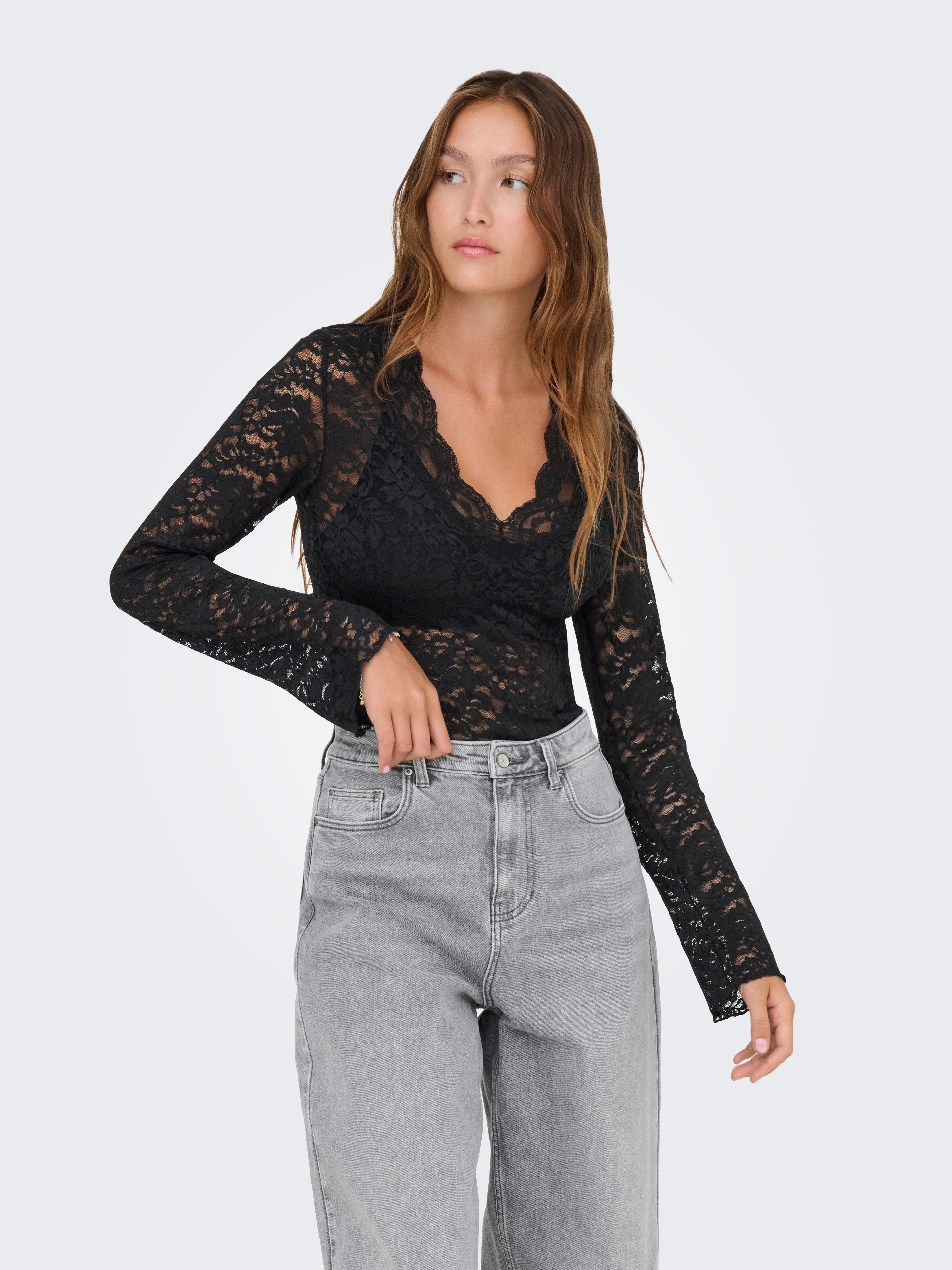 ONLY Spitzenshirt ONLNIKKA L/S LACE TOP JRS NOOS Materialmix