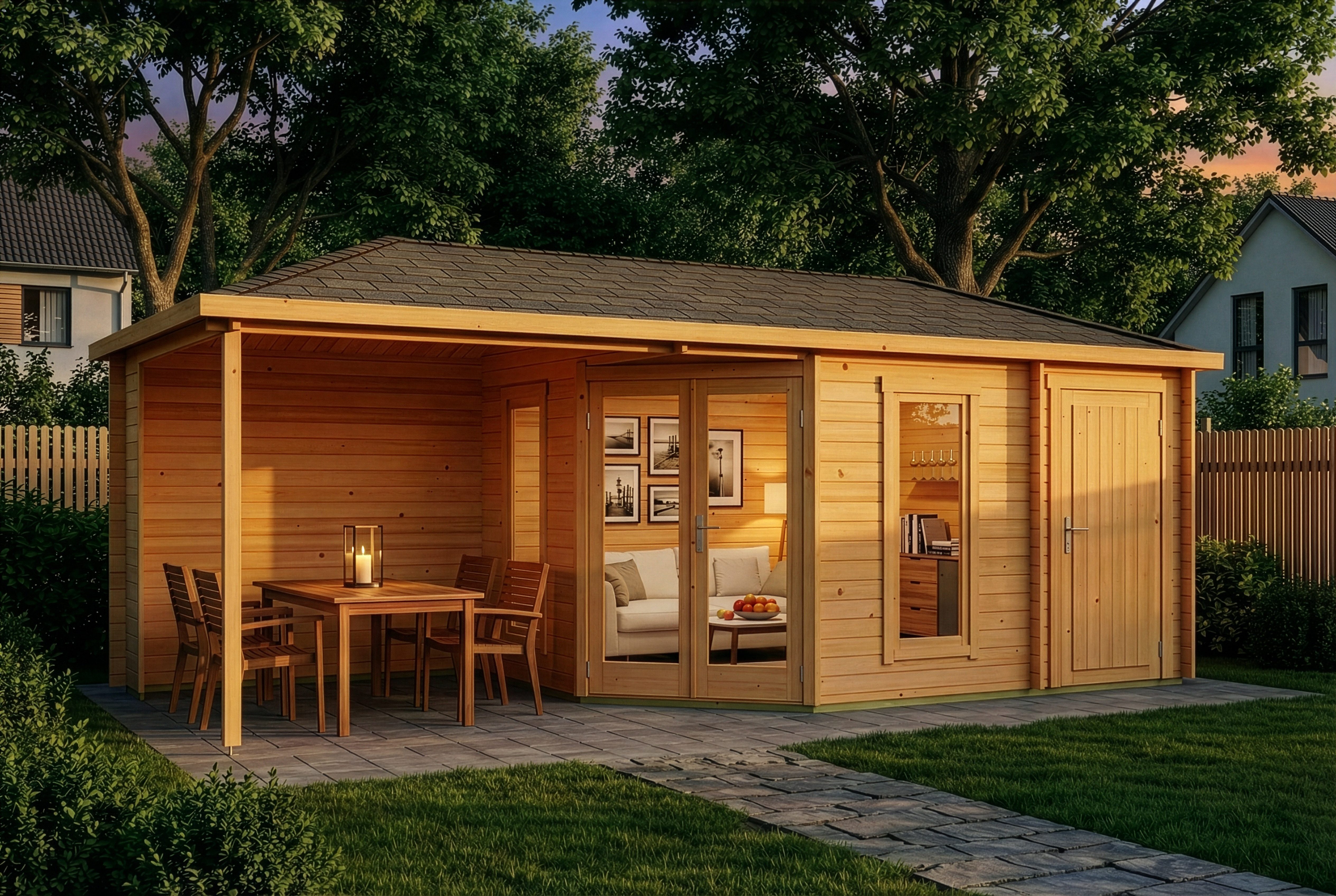 Alpholz Gartenhaus Holz 5-Eck Liwa mit Anbau, BxT: 728x317 cm, in Imprägniert (Pinie) mit 28mm Wandstärke