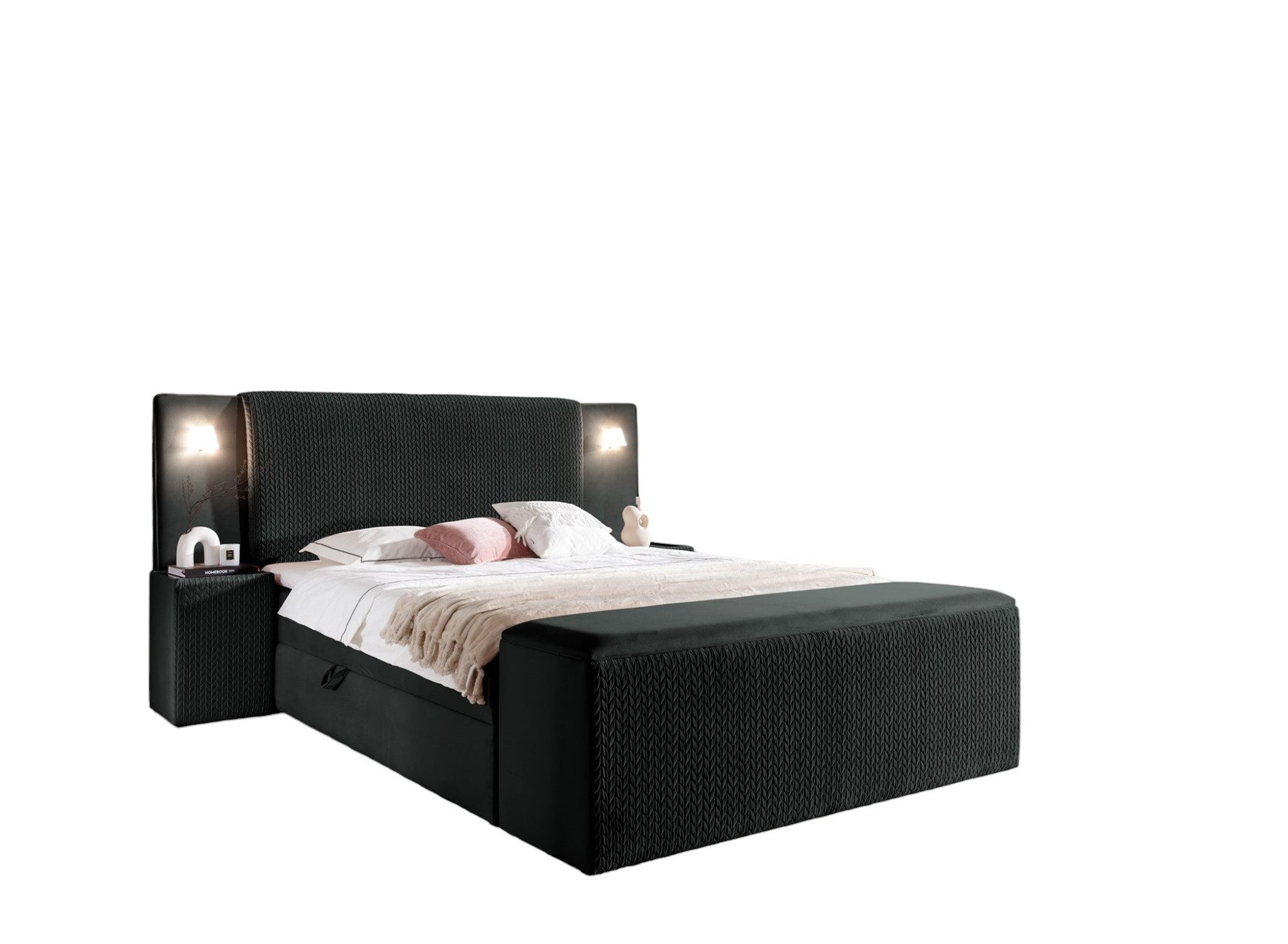 Fun Möbel Boxbett Bett MARTEN Überlänge in Stoff Magic Velvet Set.4 (inkl. Bettkästen und Kaltschaumtopper, inkl. Polsterhocker mit Stauraum und 2 x Nachttische), Ambiente-Beleuchtung mit Touch Funktion im Kopfteil