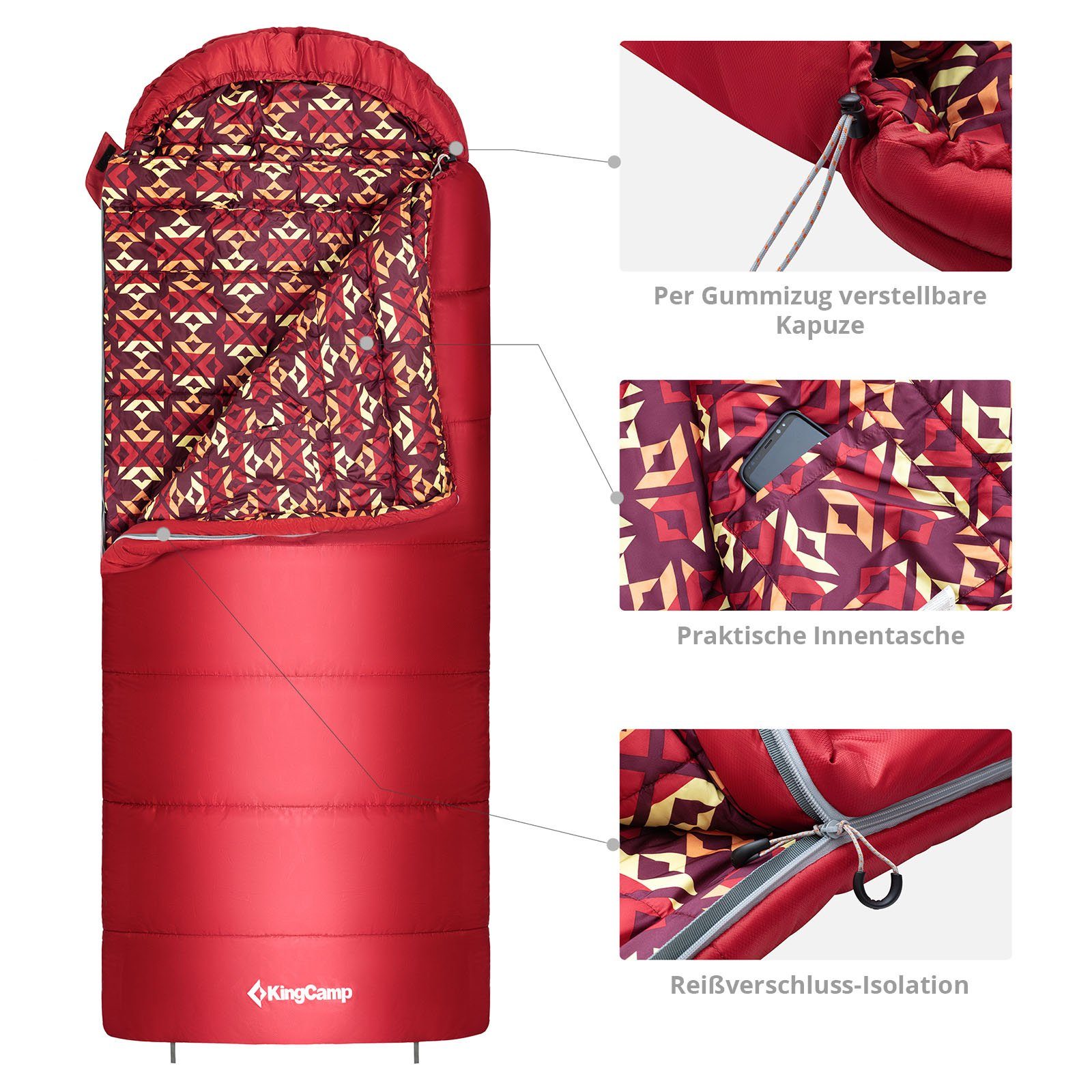 - Jahreszeiten -18°C Mumienschlafsack KingCamp L Breit Superior Schlafsack Red 3, XL Mumienschlafsack Wine 400L Zipper