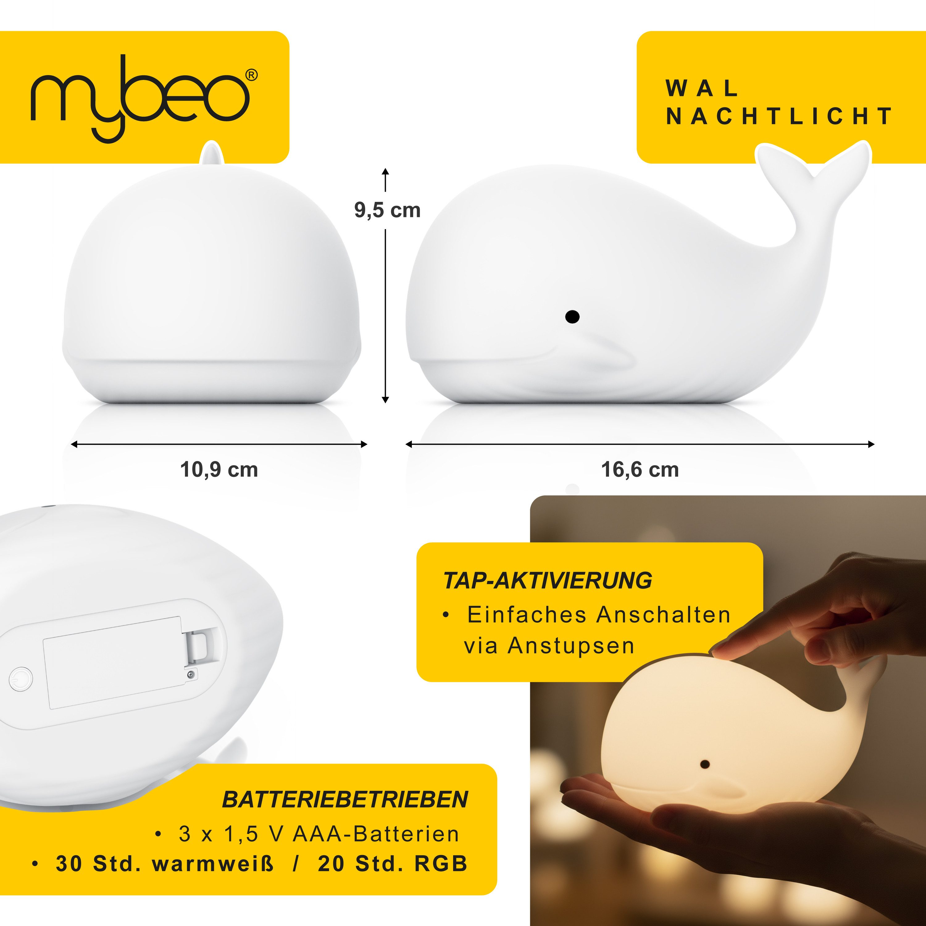 MyBeo LED Nachtlicht für Babys und Kinder, Nachtleuchte mit RGB Farbwechsel, warmweiß, Farbwechsel; Nachtlichtfunktion, LED fest integriert, Warmweiß, Farbwechsler, kleiner Wal, Einschlafhilfe mit Timer 60 Min, batteriebetrieben