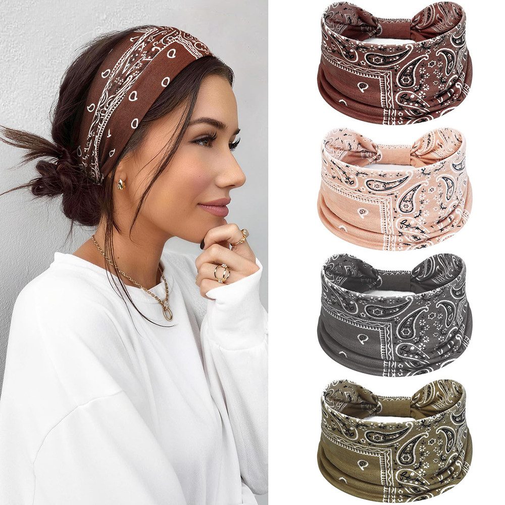 Zaewry Haargummi 4 Stück Damen-Stirnbänder, Weiche Elastische Boho-Kopfbänder, 4-tlg., Extra Breite Haarbänder,für Make-up, Yoga, Büro und Alltag,Rutschfest